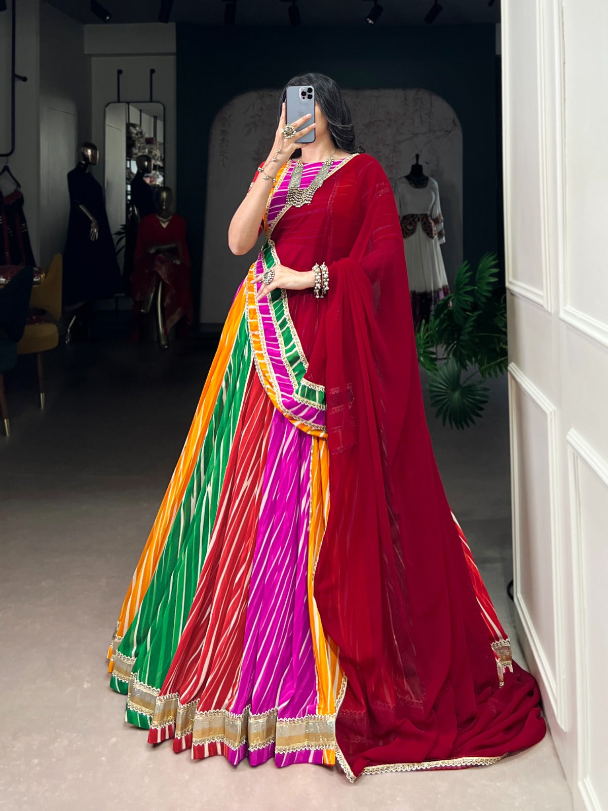 Lorenvalley Fashion Multicolor Georgette Leheriya Print with Embossed Design Lace Touch Up Lehenga Choli with Dupatta | Swadesiicart