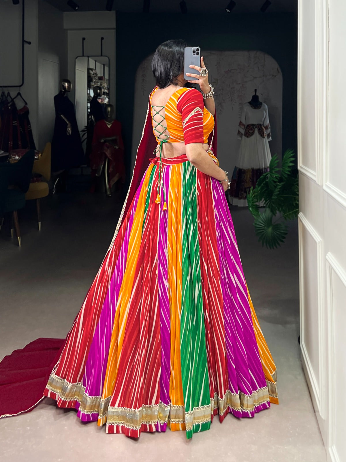 Lorenvalley Fashion Multicolor Georgette Leheriya Print with Embossed Design Lace Touch Up Lehenga Choli with Dupatta | Swadesiicart