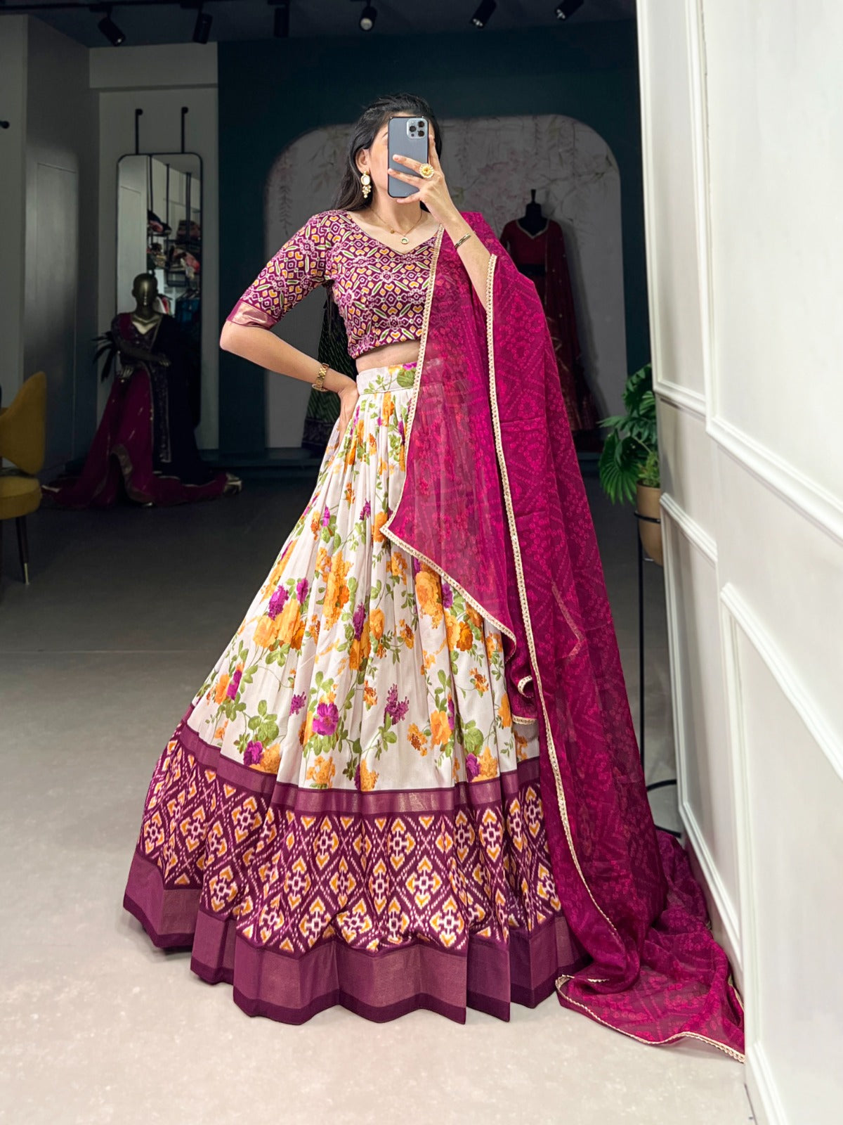 Lorenvalley Fashion Multicolor Tasar Silk Floral and Patola Print with Foil Work Lehenga Choli with Dupatta | Swadesiicart