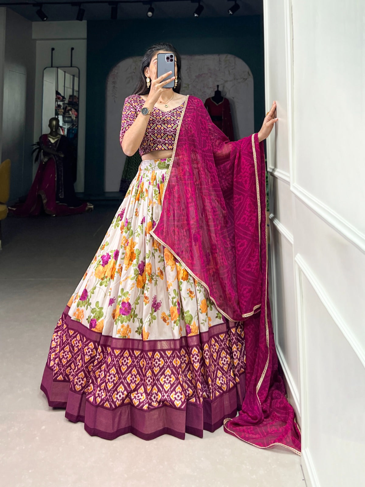 Lorenvalley Fashion Multicolor Tasar Silk Floral and Patola Print with Foil Work Lehenga Choli with Dupatta | Swadesiicart