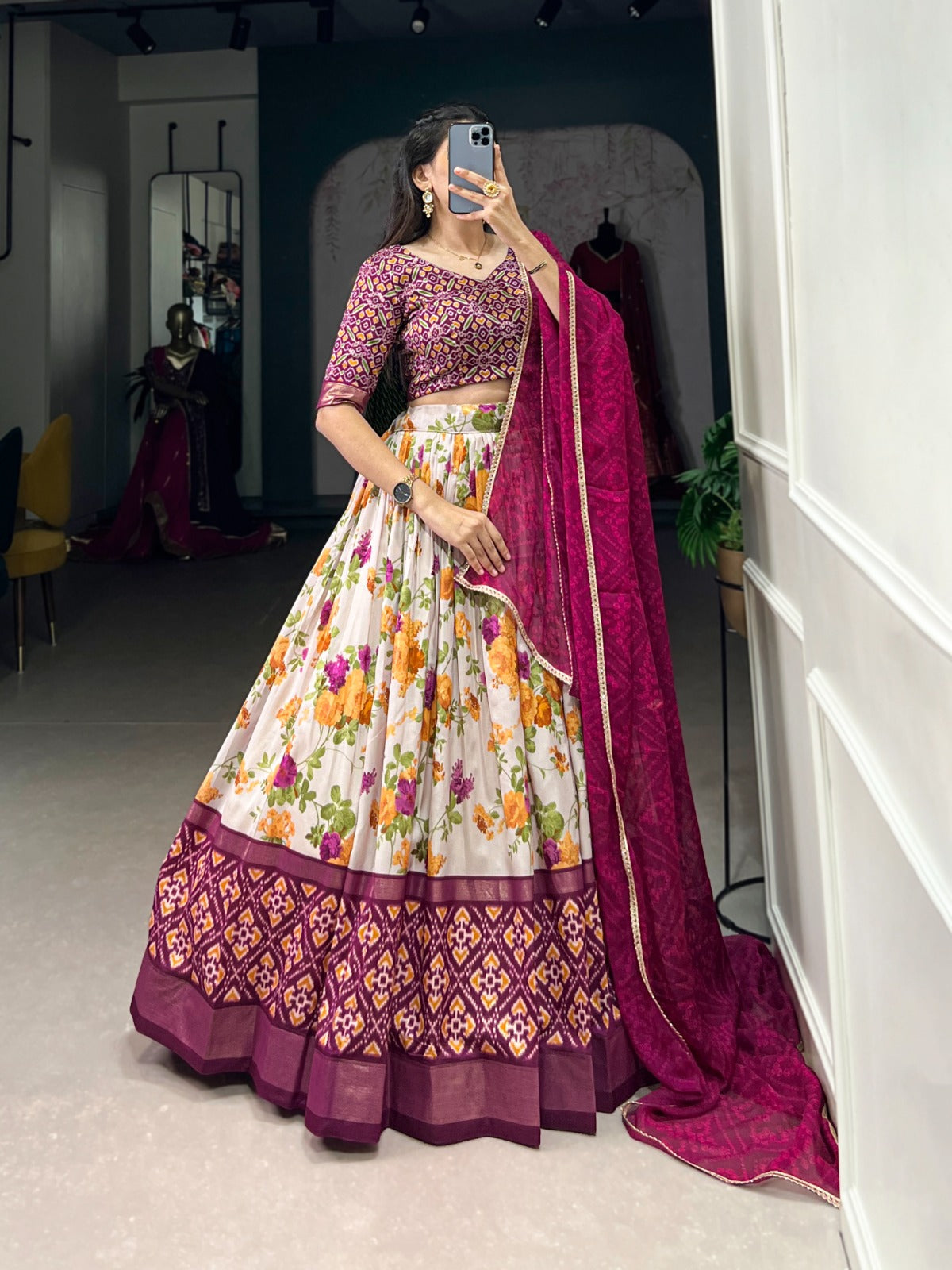 Lorenvalley Fashion Multicolor Tasar Silk Floral and Patola Print with Foil Work Lehenga Choli with Dupatta | Swadesiicart