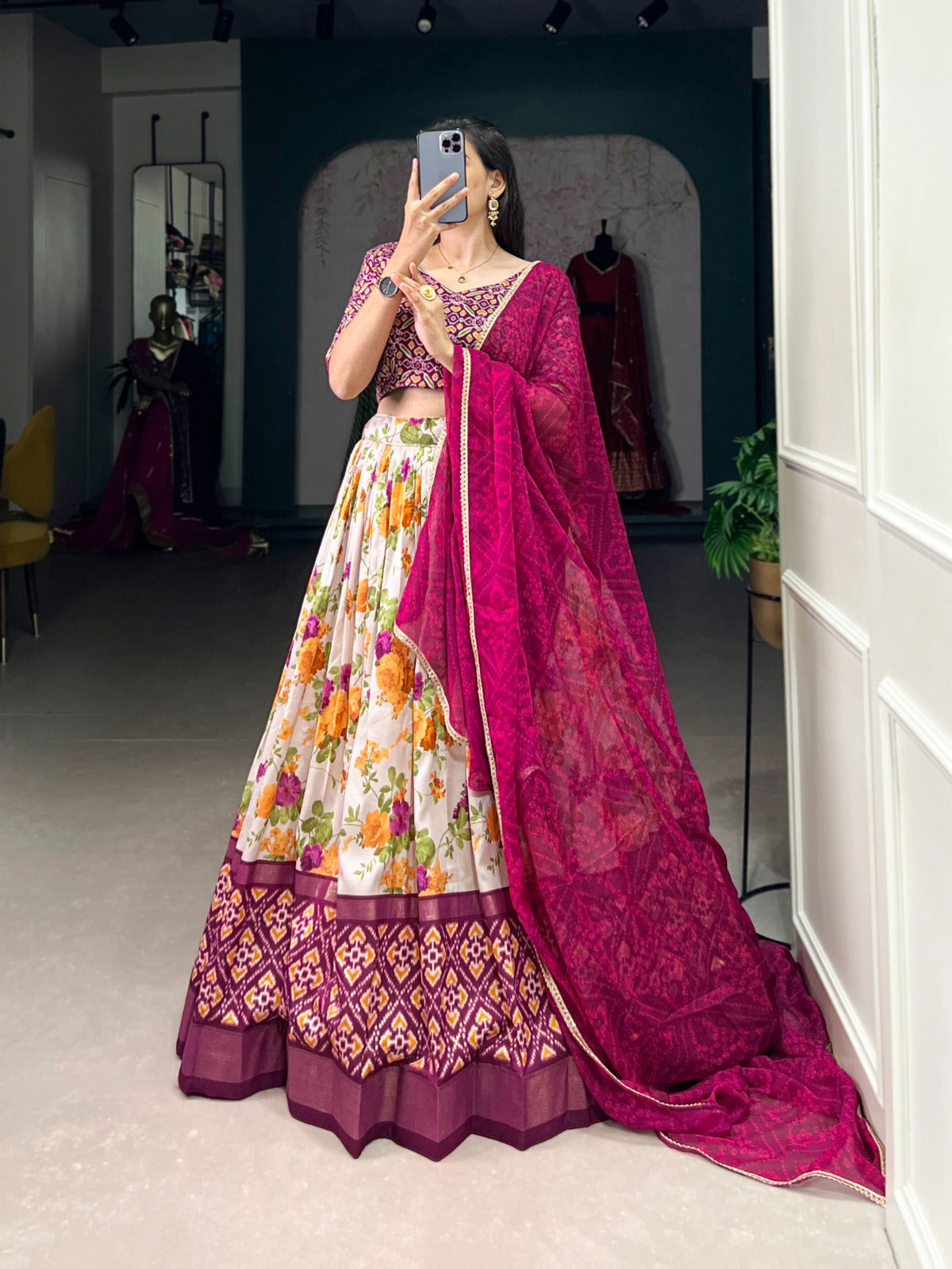 Lorenvalley Fashion Multicolor Tasar Silk Floral and Patola Print with Foil Work Lehenga Choli with Dupatta | Swadesiicart