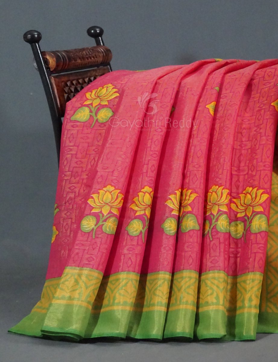 Baby Pink Colour With Leaf Green Blouse Cotton Brasso Saree By Gayathri Reddy Designer Studio | Swadesiicart