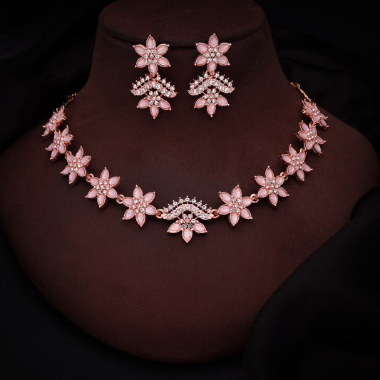 Tehzeeb Creations Baby Pink Colour Star Design Stone Studded Necklace With Earrings - Swadesiicart