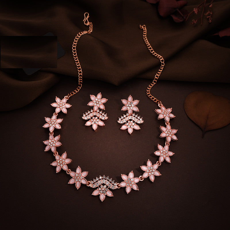 Tehzeeb Creations Baby Pink Colour Star Design Stone Studded Necklace With Earrings - Swadesiicart