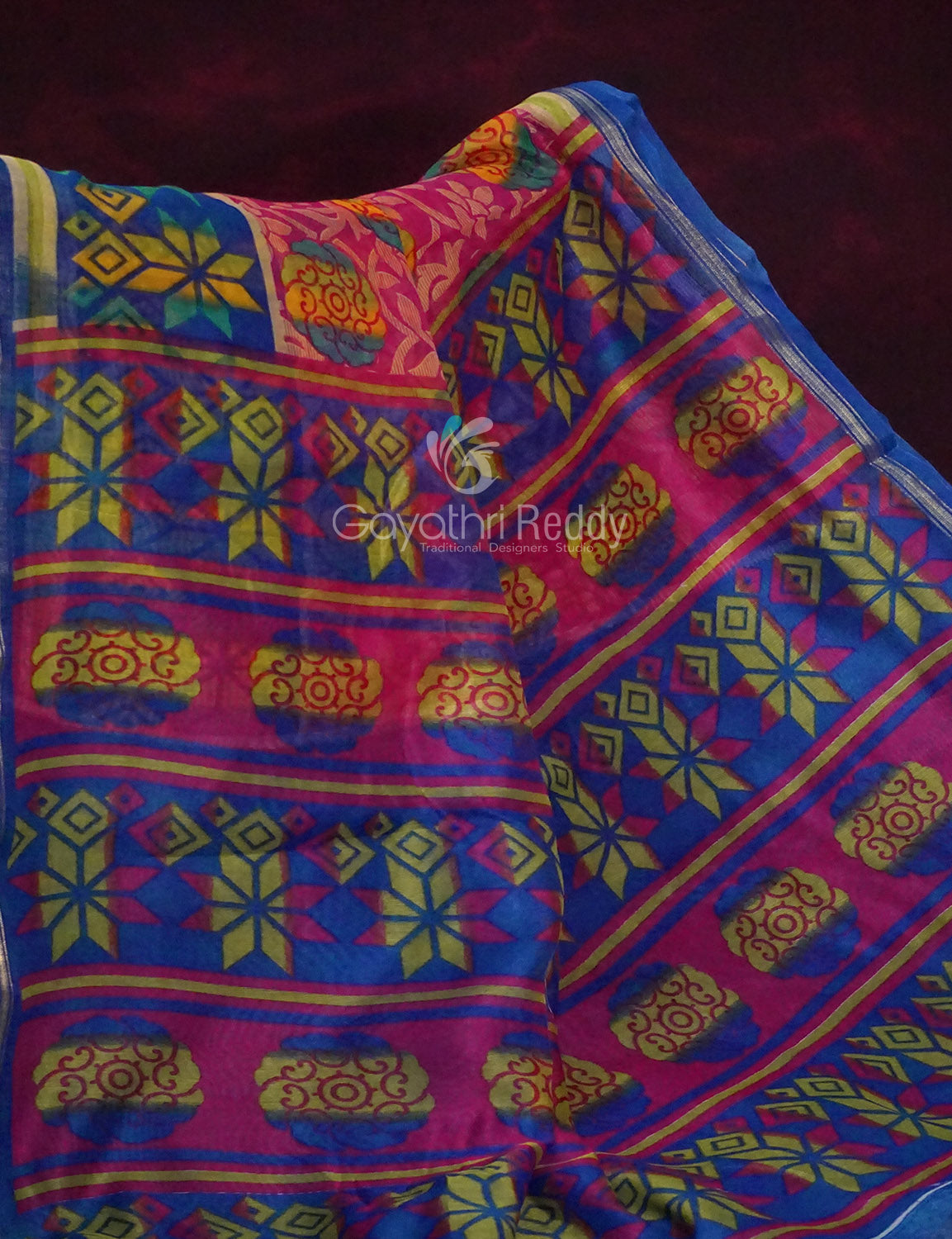 Shades of Rani Pink With Ink Blue Blouse Creeper Design Semi Chanderi Saree By Gayathri Reddy Designer Studio | Swadesiicart