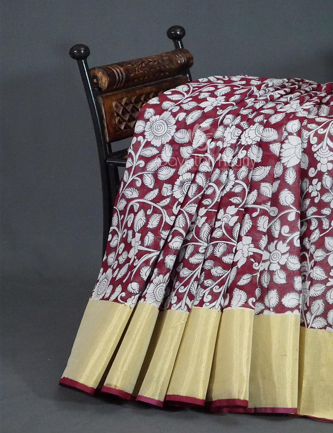 Gleaming Dark Maroon Kalamkari Cotton Linen Printed Saree By Gayathri Reddy Designer Studio | Swadesiicart