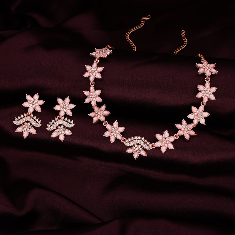 Tehzeeb Creations Baby Pink Colour Star Design Stone Studded Necklace With Earrings - Swadesiicart