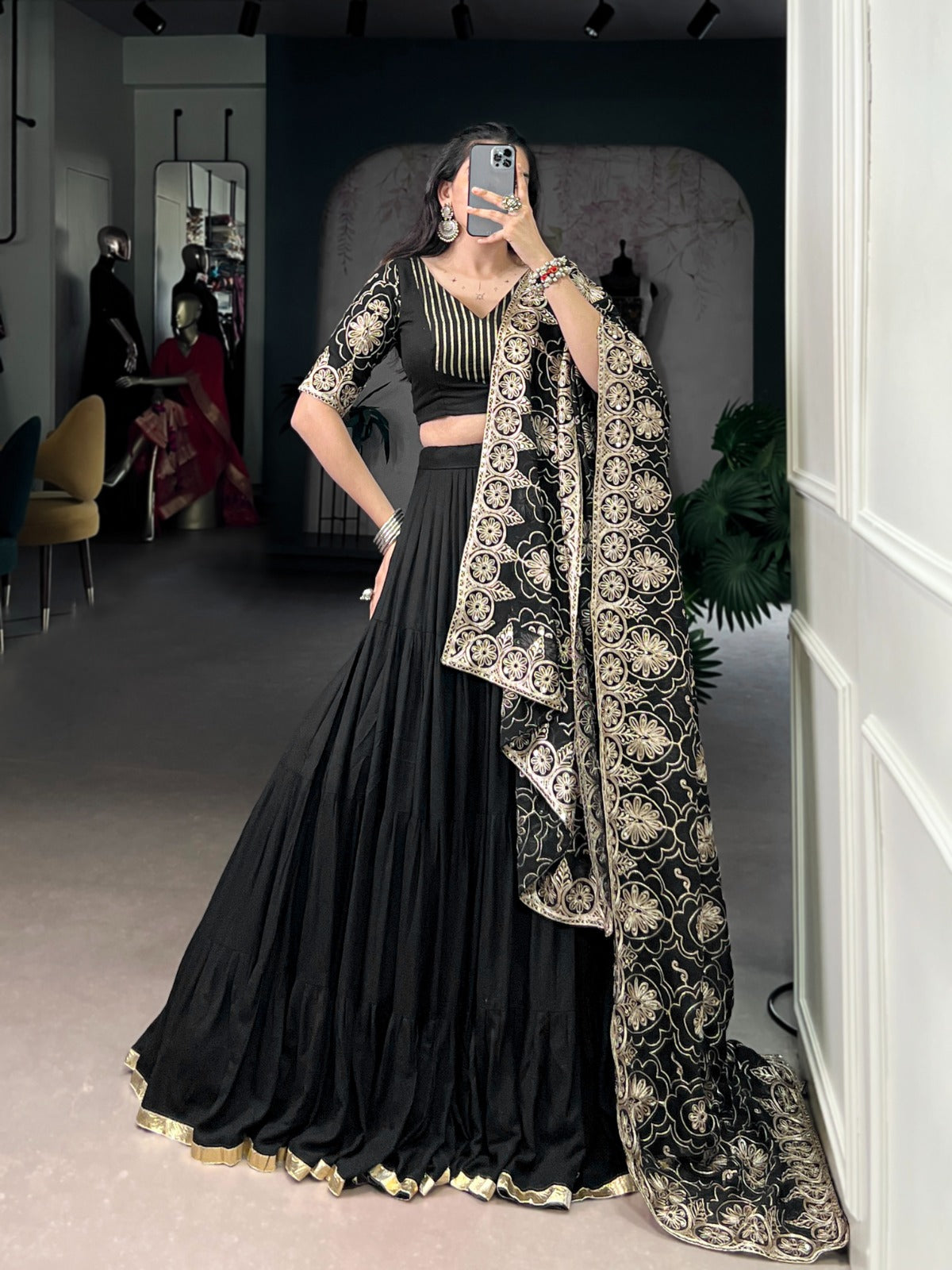 Lorenvalley Fashion Black Pure Rayon Embossed Design Lace Border Lehenga Choli with Dupatta | Swadesiicart