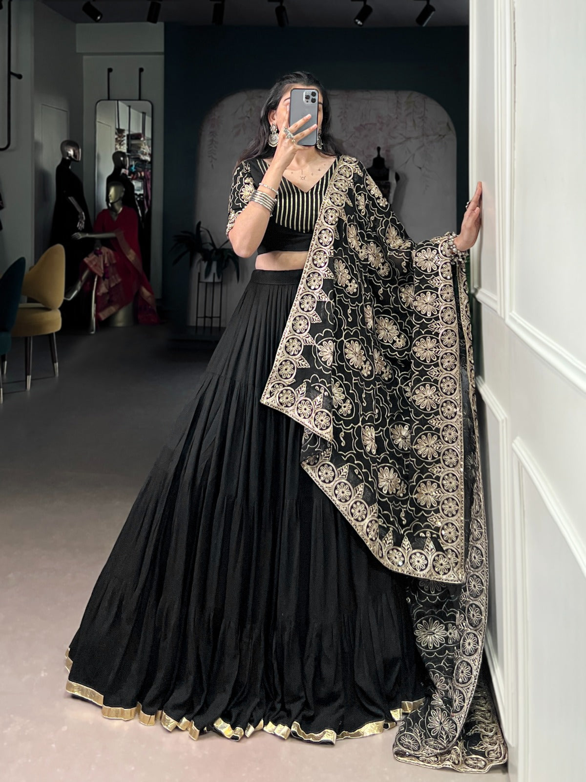 Lorenvalley Fashion Black Pure Rayon Embossed Design Lace Border Lehenga Choli with Dupatta | Swadesiicart