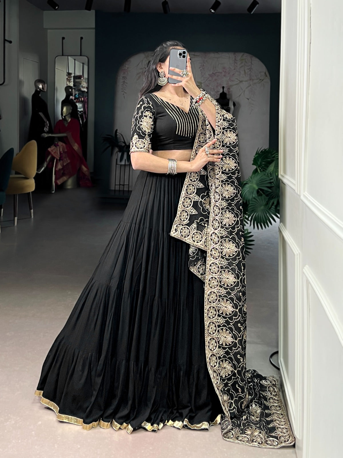Lorenvalley Fashion Black Pure Rayon Embossed Design Lace Border Lehenga Choli with Dupatta | Swadesiicart