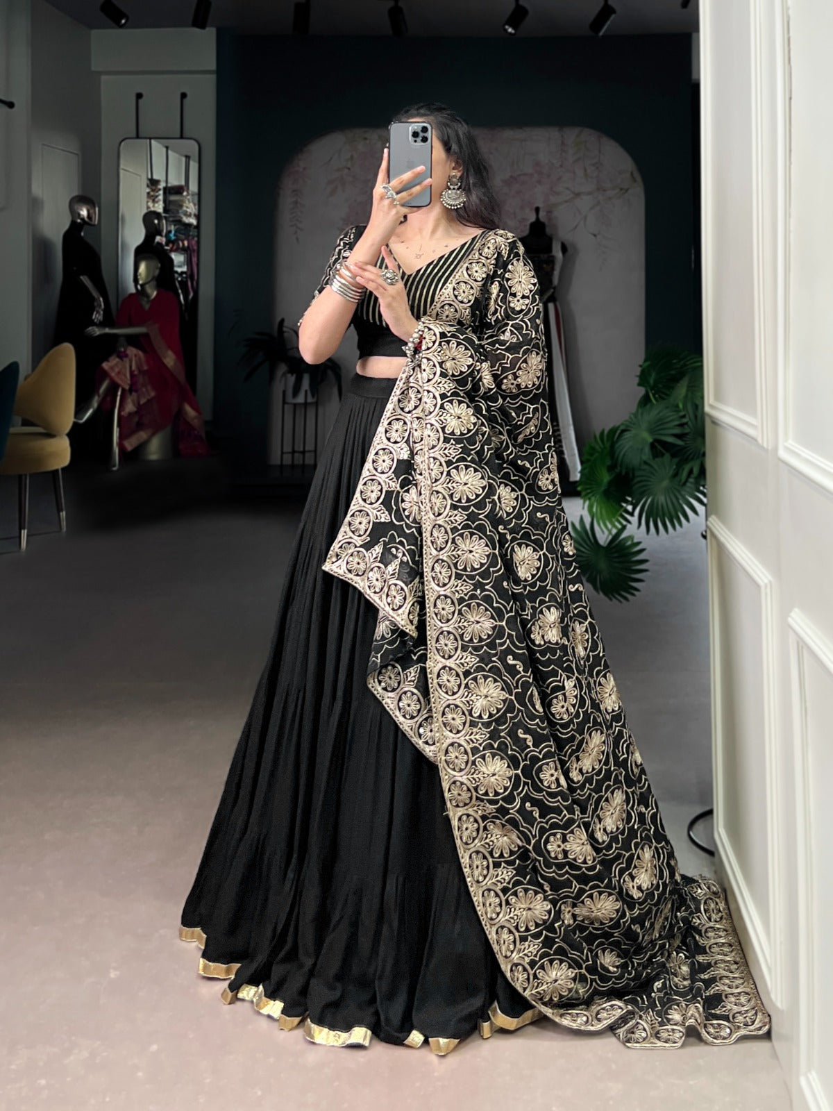 Lorenvalley Fashion Black Pure Rayon Embossed Design Lace Border Lehenga Choli with Dupatta | Swadesiicart