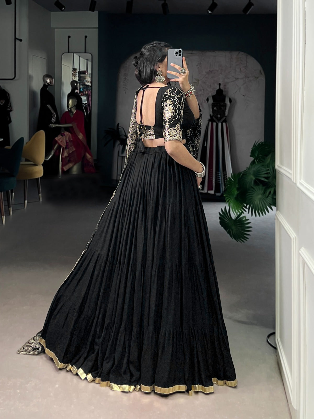 Lorenvalley Fashion Black Pure Rayon Embossed Design Lace Border Lehenga Choli with Dupatta | Swadesiicart