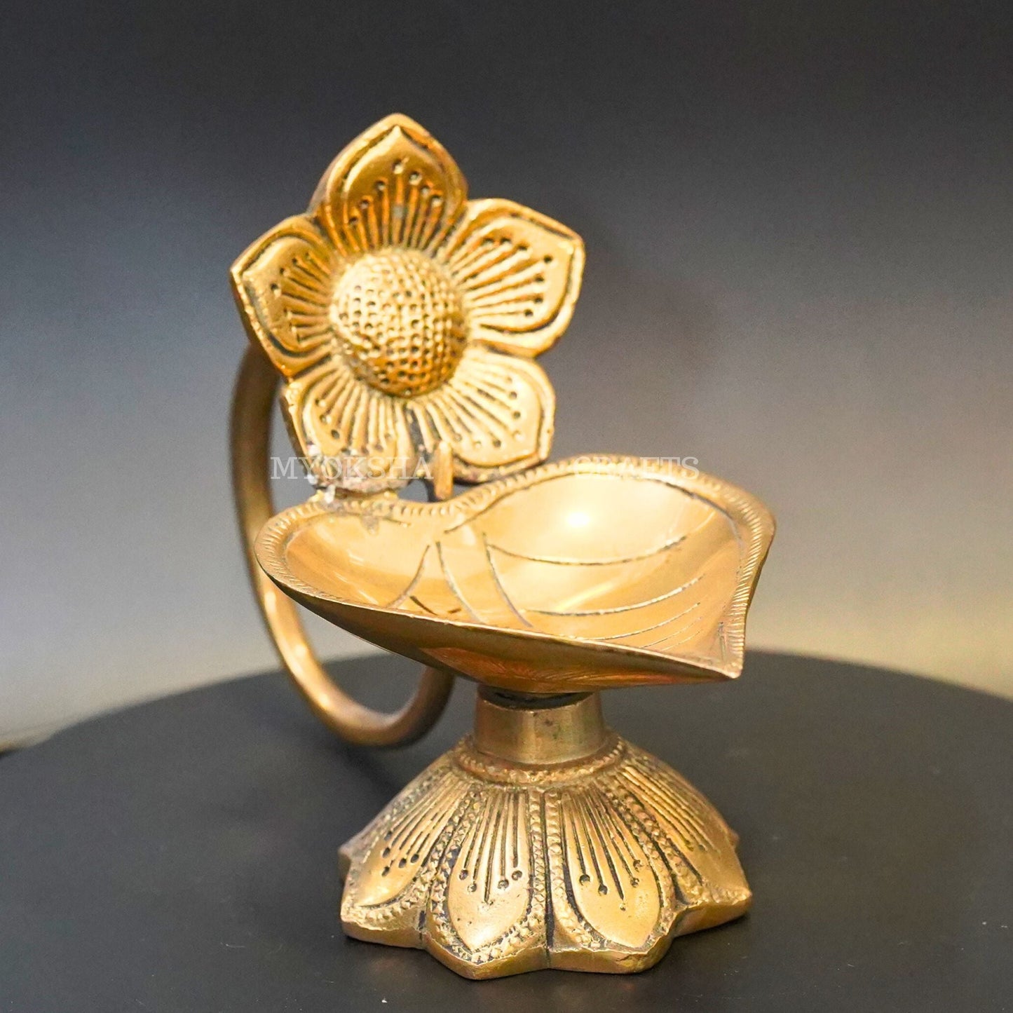 Brass Leaf with Flower Diya - Swadesiicart