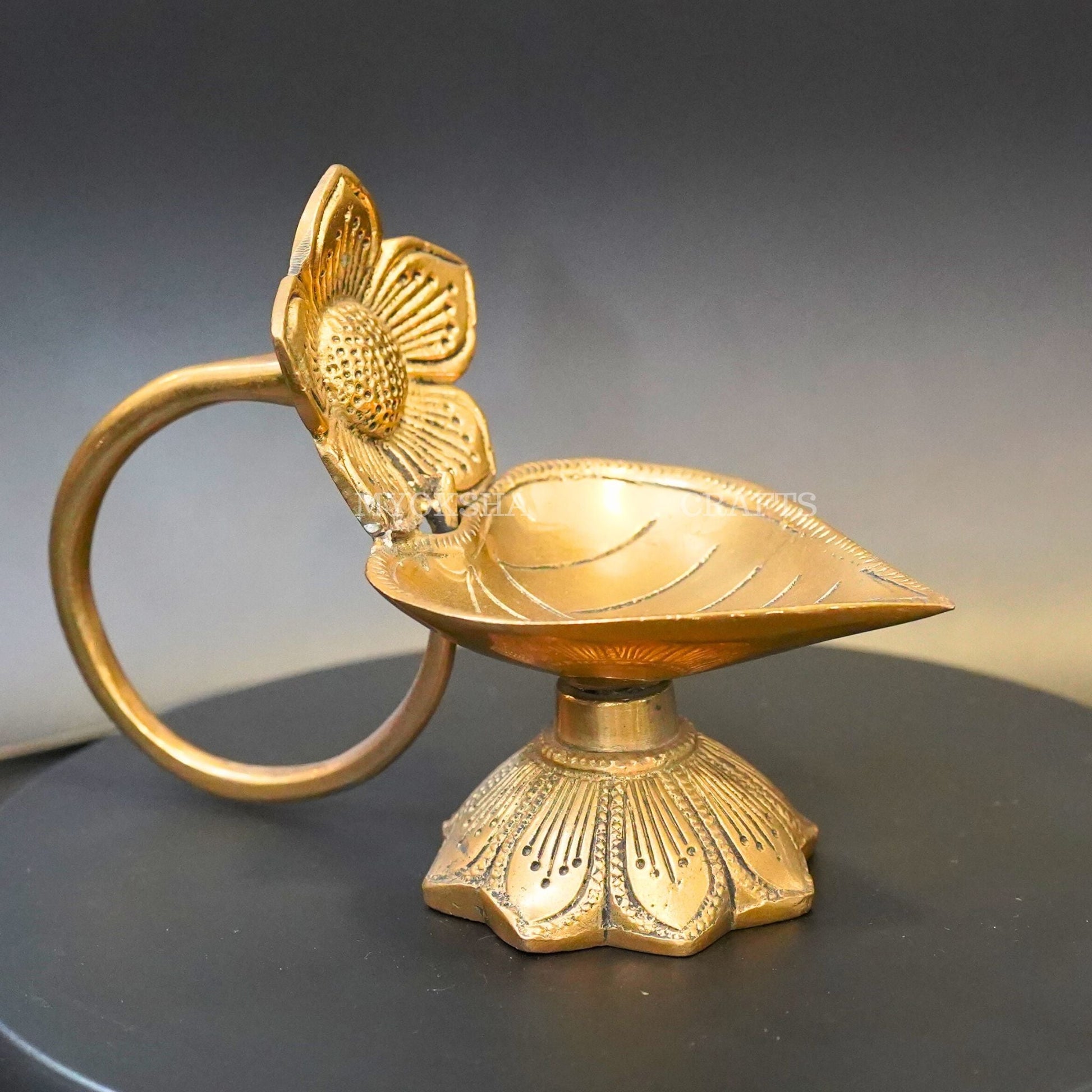 Brass Leaf with Flower Diya - Swadesiicart