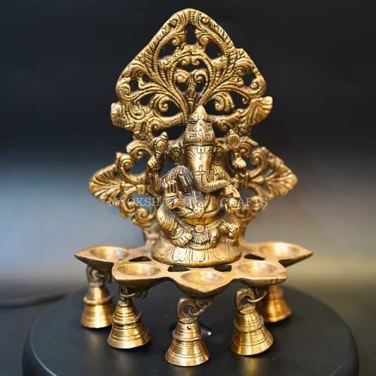 Brass Ganesha Wall Diya: Five Oil Wick - Swadesiicart