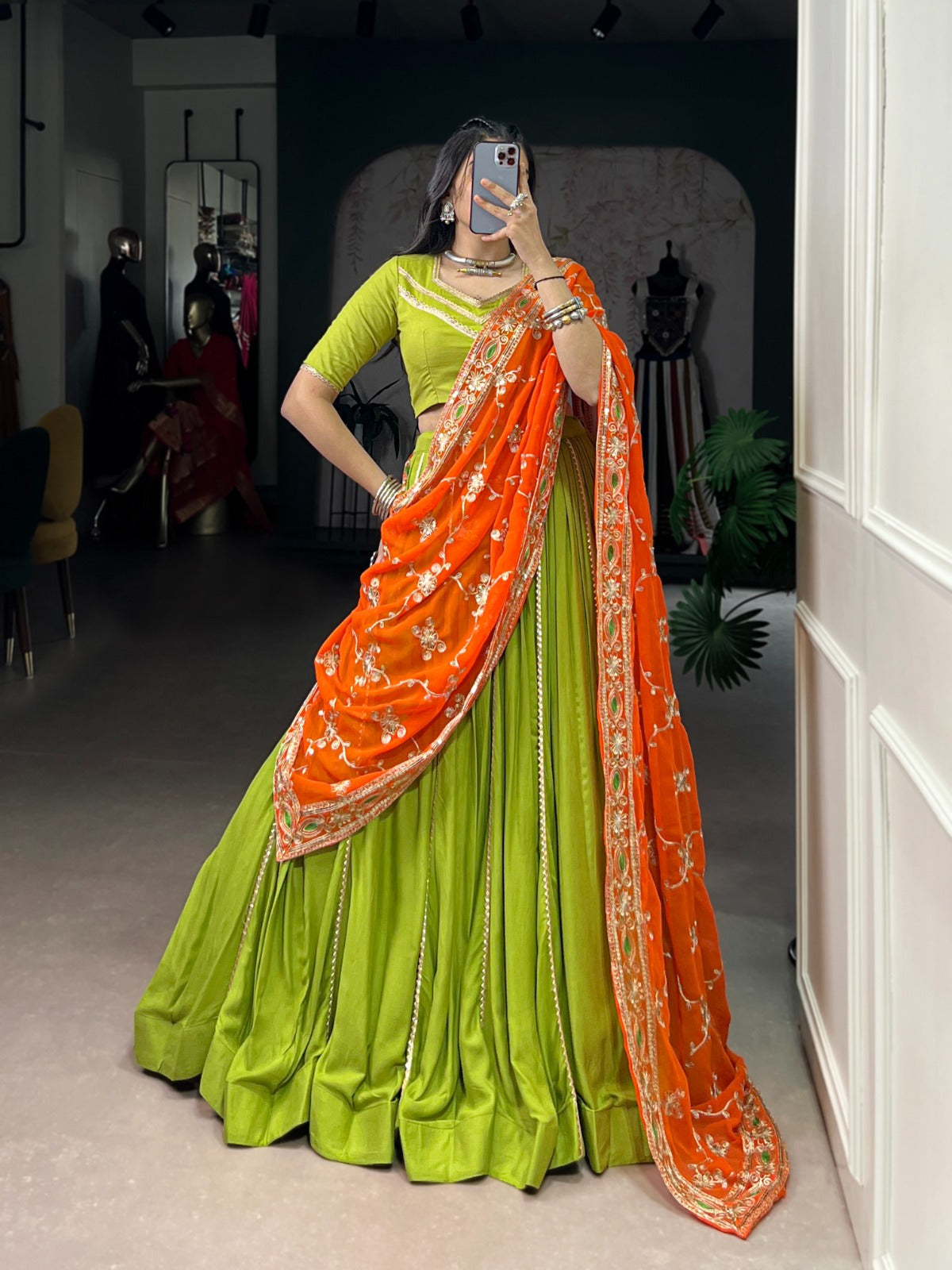 Lorenvalley Fashion Parotgreen Pure Rayon Lace Touch Up Lehenga Choli with Dupatta | Swadesiicart