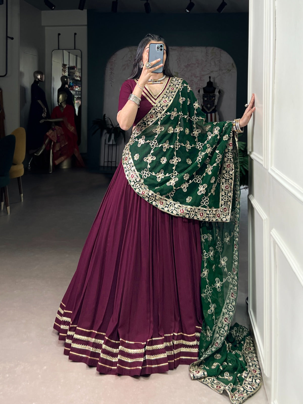 Lorenvalley Fashion Wine Pure Rayon Lace Touch Up Lehenga Choli with Dupatta | Swadesiicart