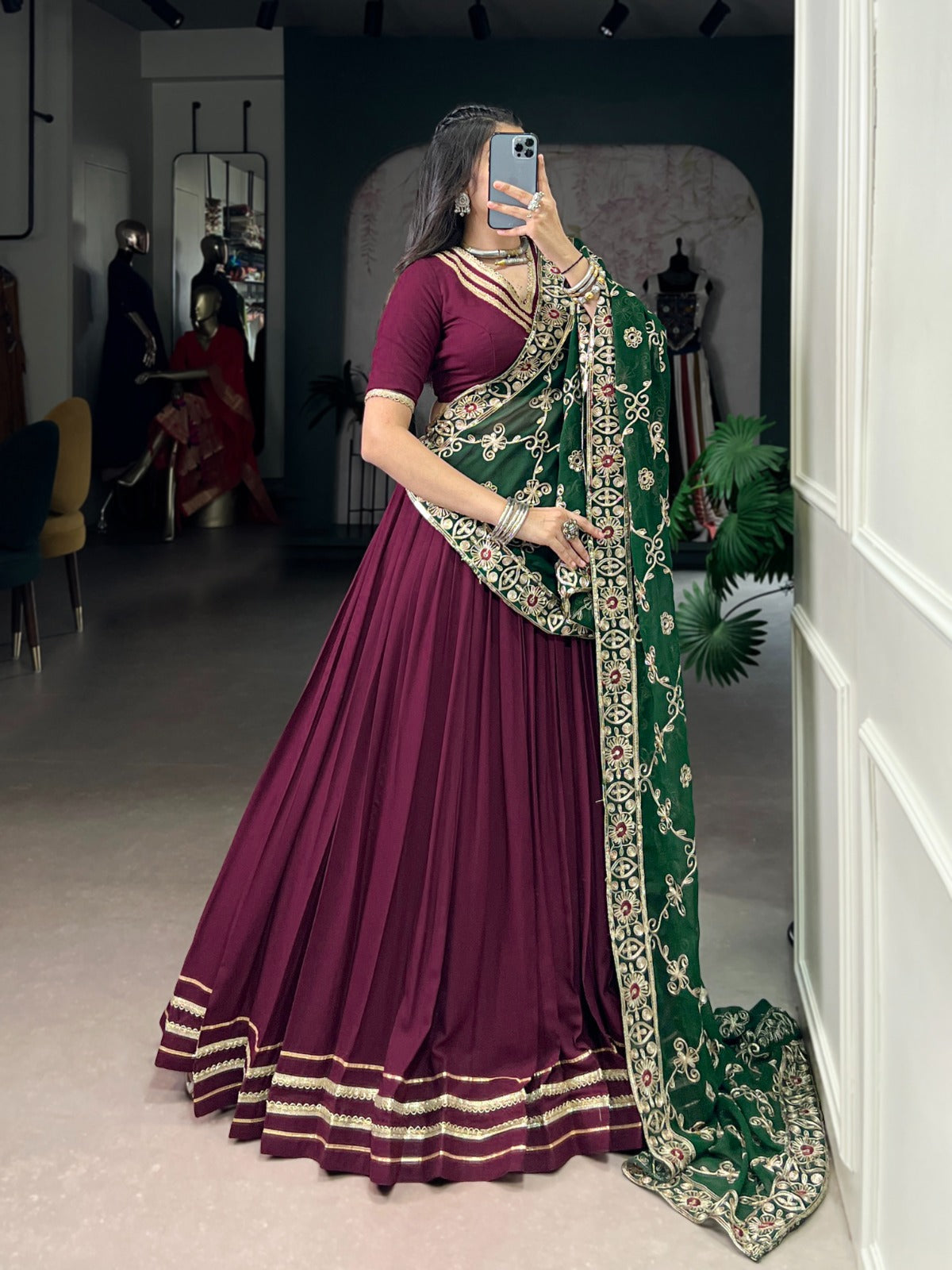 Lorenvalley Fashion Wine Pure Rayon Lace Touch Up Lehenga Choli with Dupatta | Swadesiicart