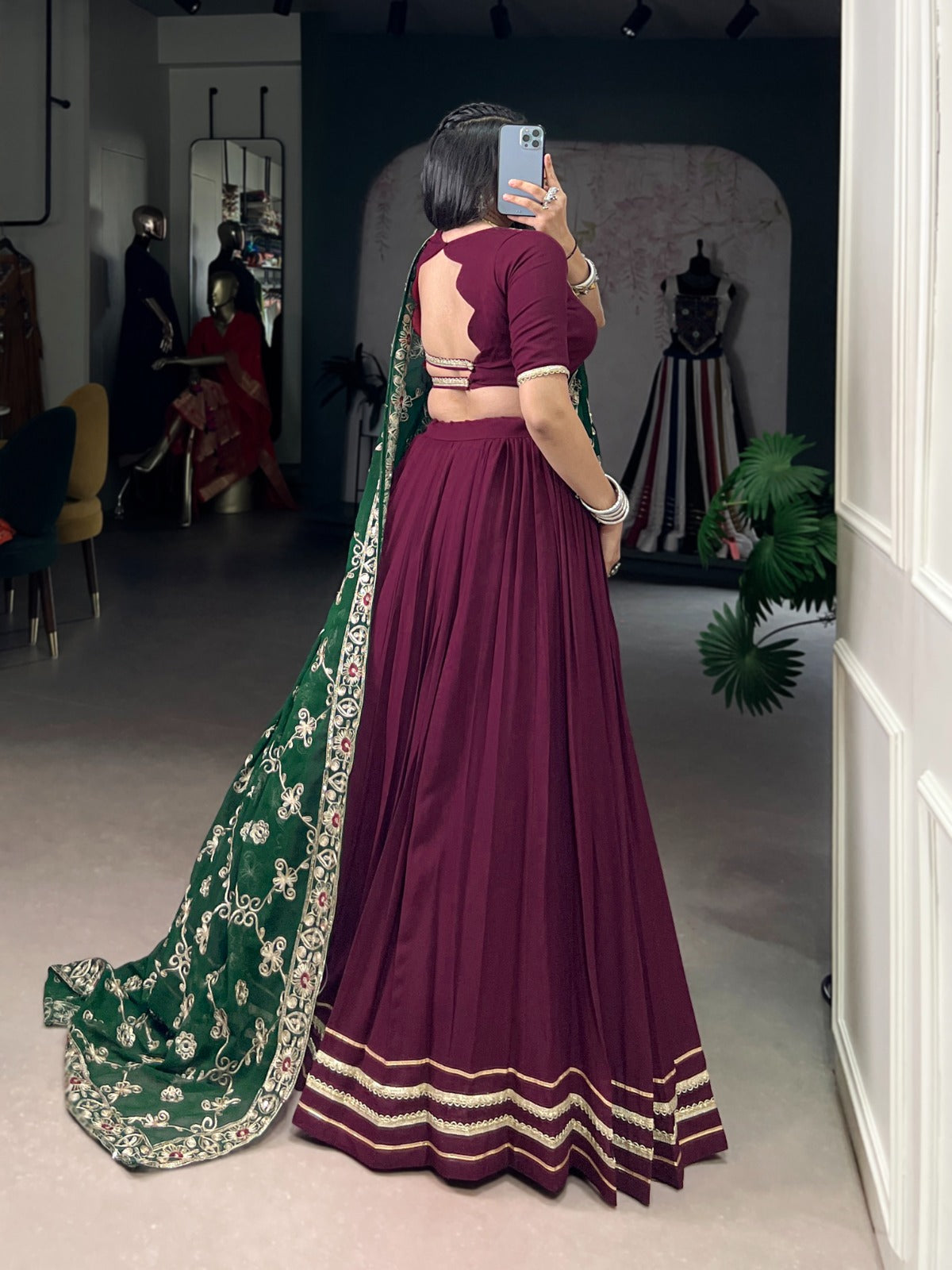 Lorenvalley Fashion Wine Pure Rayon Lace Touch Up Lehenga Choli with Dupatta | Swadesiicart