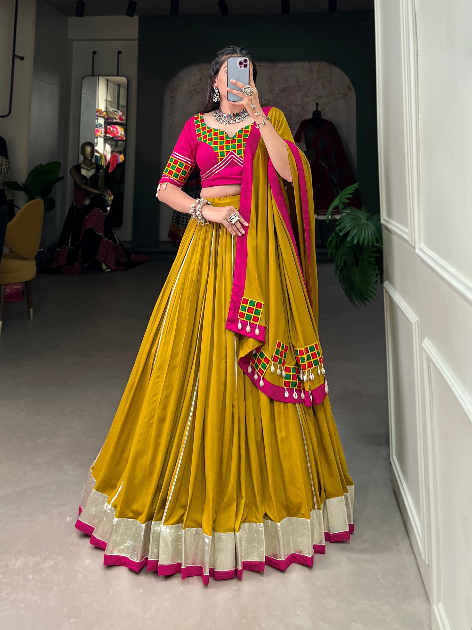 Lorenvalley Fashion Mustard Pure Rayon Plain And Lace Border With Gotta Patti Touch Up Lehenga Choli with Dupatta | Swadesiicart