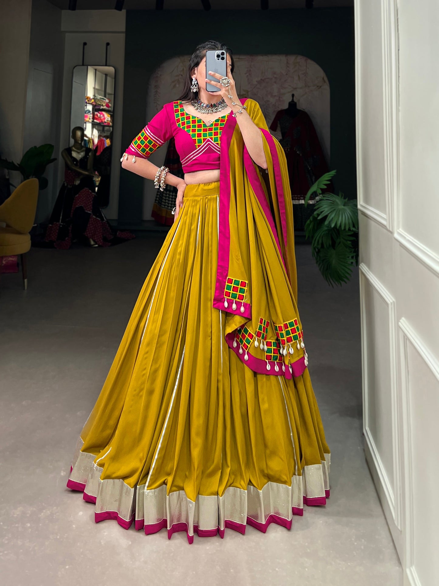 Lorenvalley Fashion Mustard Pure Rayon Plain And Lace Border With Gotta Patti Touch Up Lehenga Choli with Dupatta | Swadesiicart