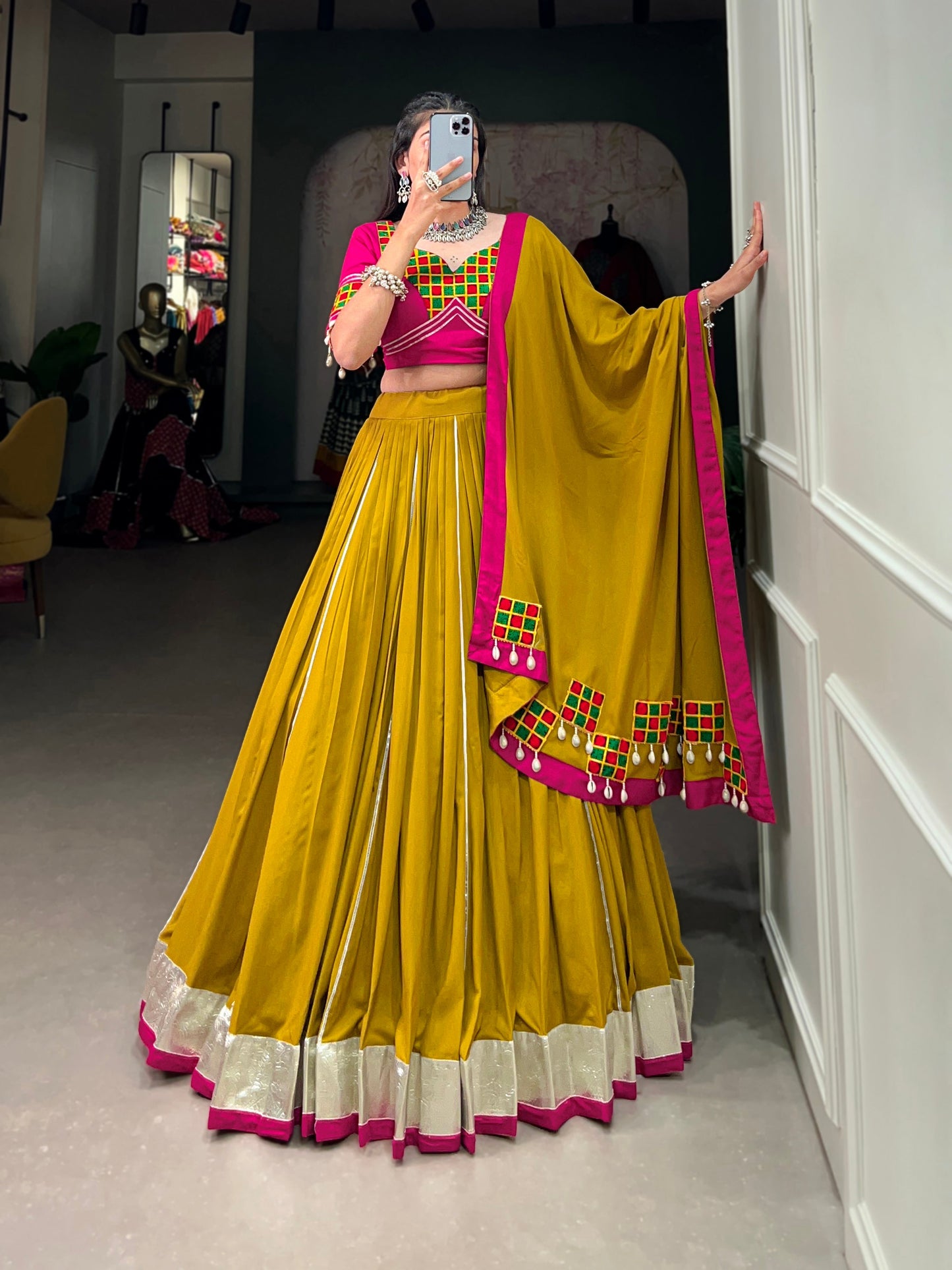 Lorenvalley Fashion Mustard Pure Rayon Plain And Lace Border With Gotta Patti Touch Up Lehenga Choli with Dupatta | Swadesiicart