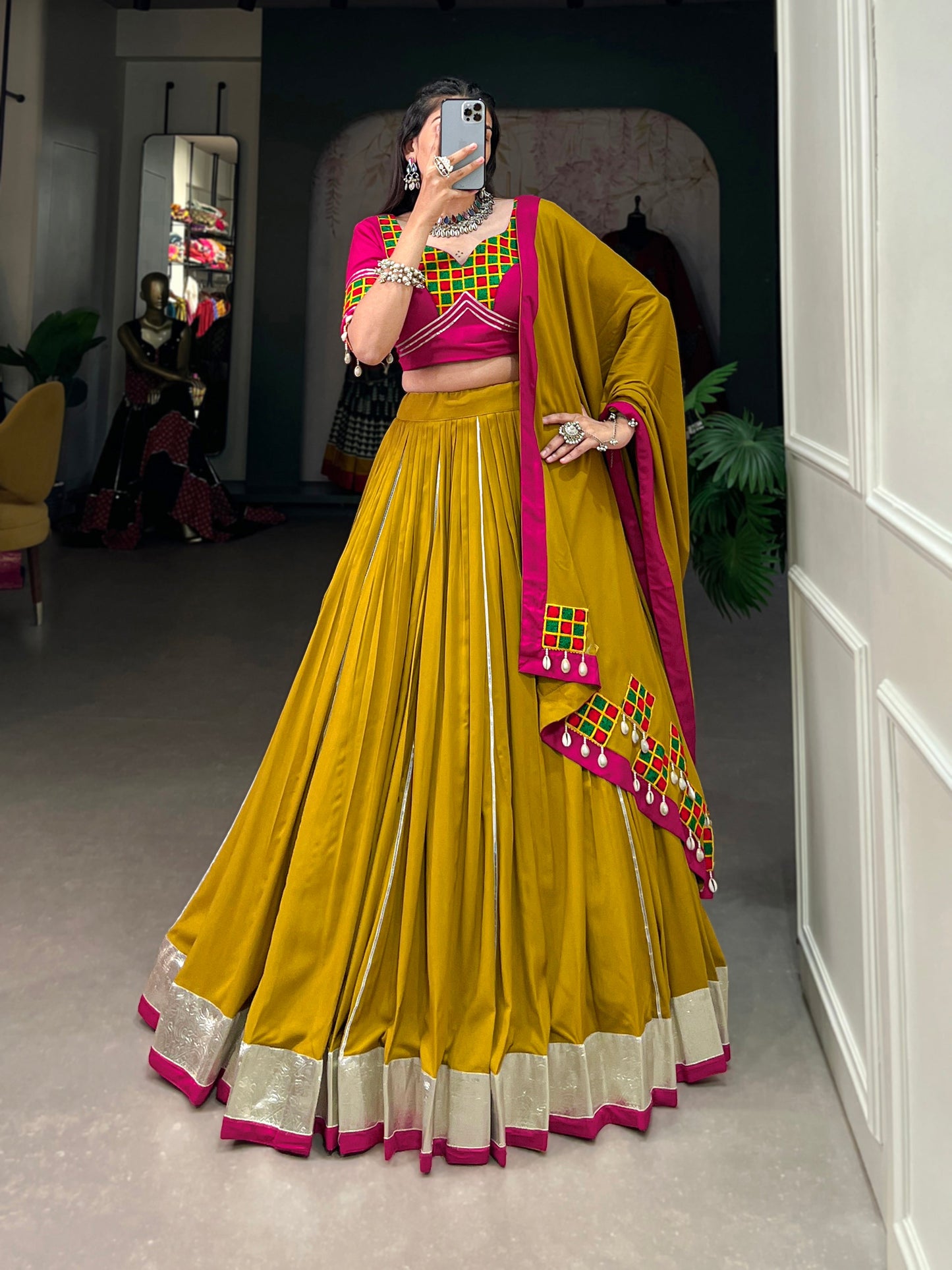 Lorenvalley Fashion Mustard Pure Rayon Plain And Lace Border With Gotta Patti Touch Up Lehenga Choli with Dupatta | Swadesiicart