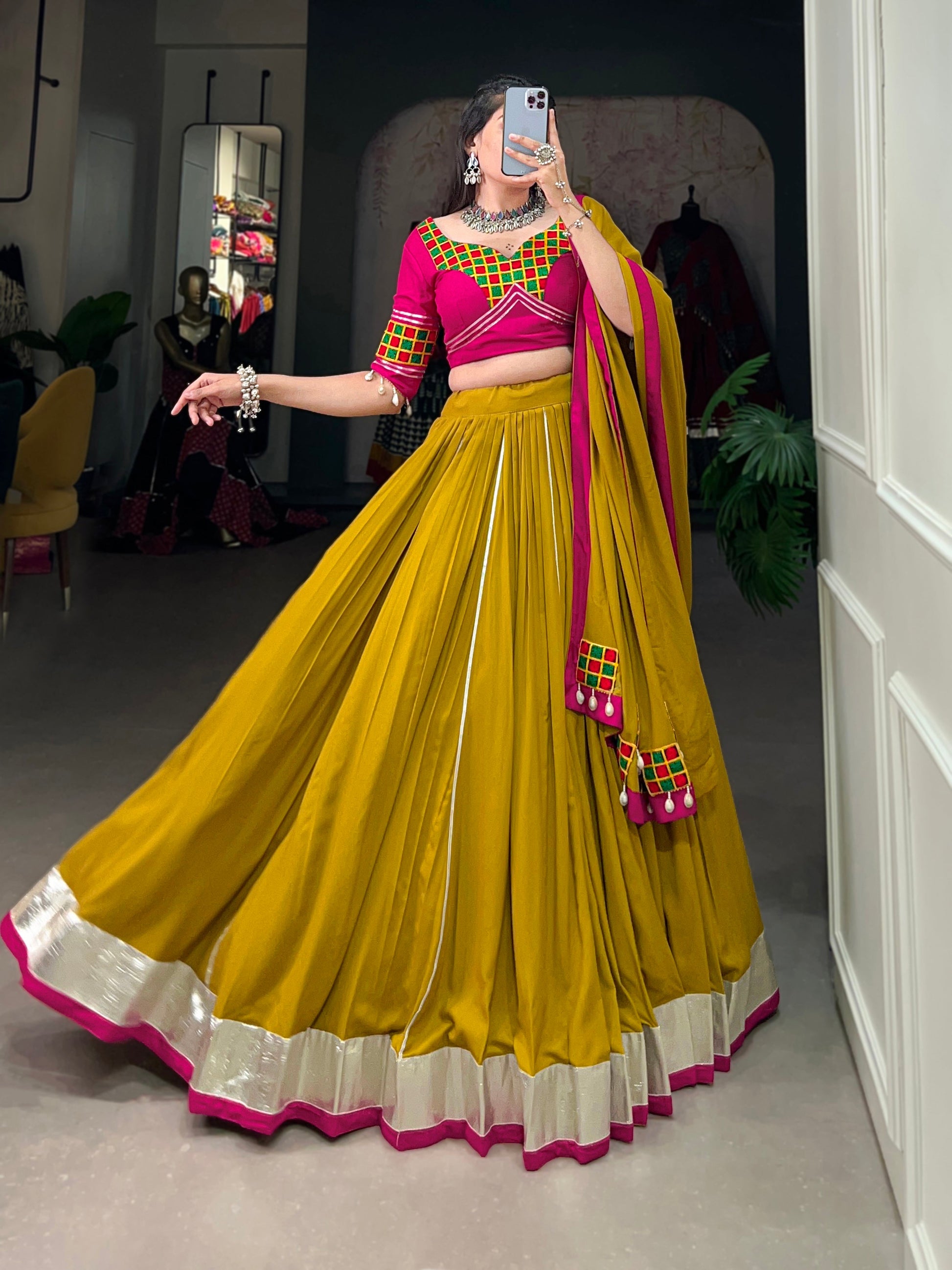 Lorenvalley Fashion Mustard Pure Rayon Plain And Lace Border With Gotta Patti Touch Up Lehenga Choli with Dupatta | Swadesiicart