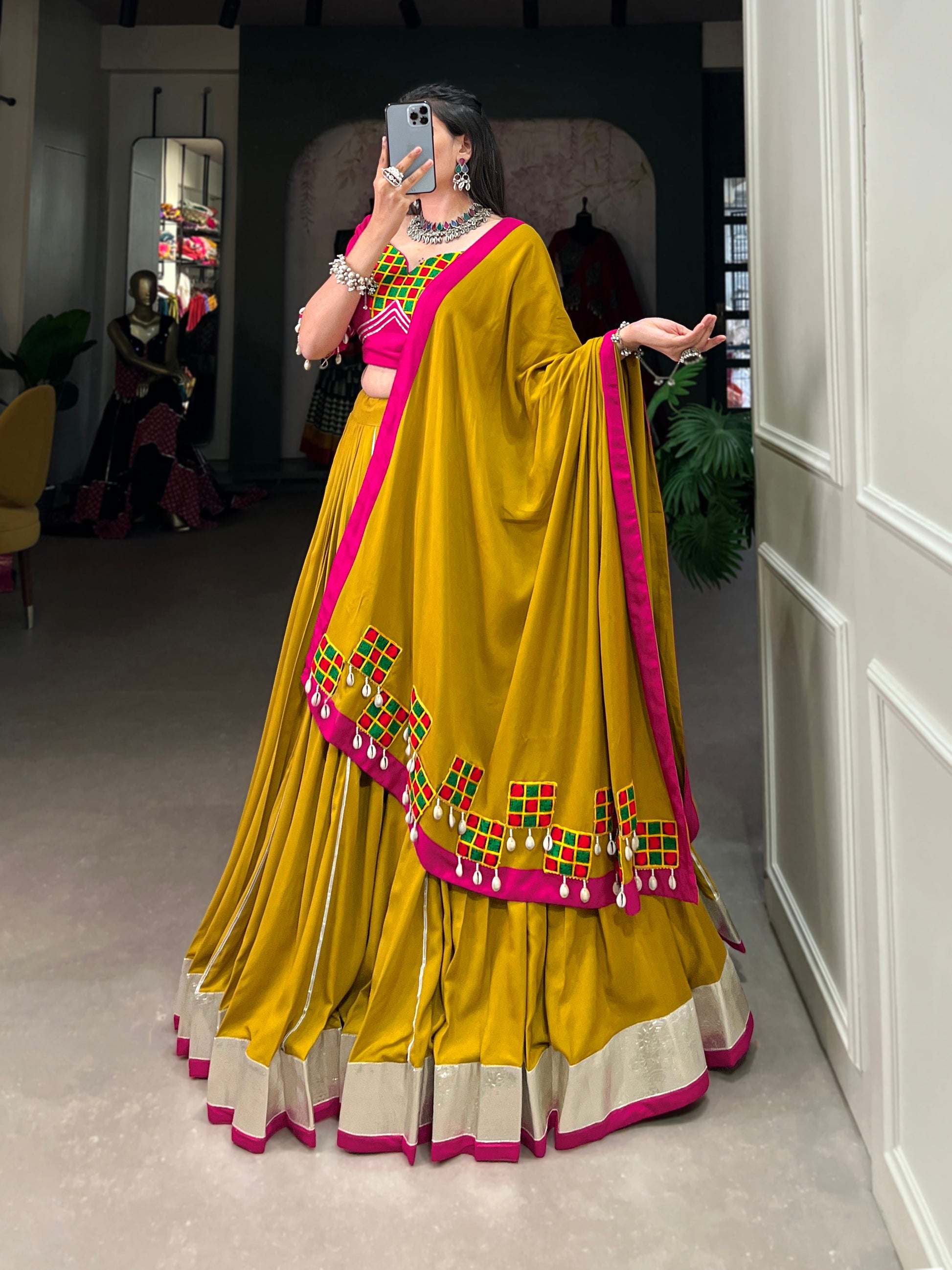 Lorenvalley Fashion Mustard Pure Rayon Plain And Lace Border With Gotta Patti Touch Up Lehenga Choli with Dupatta | Swadesiicart