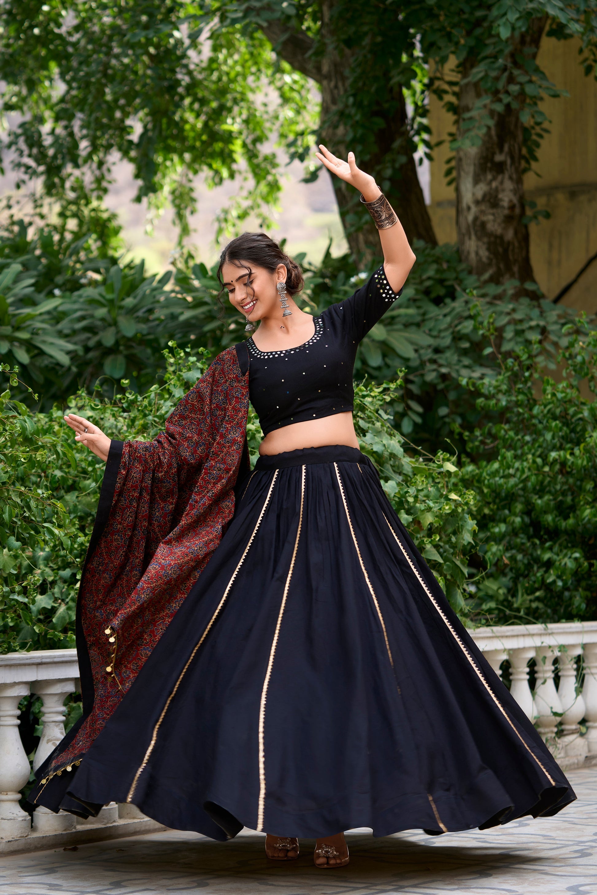 Lorenvalley Black Pure Cotton Plain With Gota Patti Touch Up Lehenga Choli | Swadesiicart