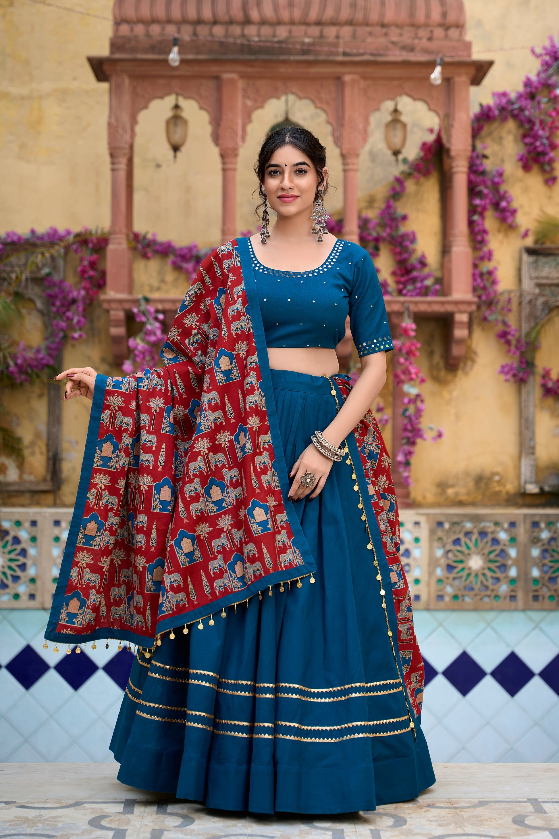 Lorenvalley Firozi Pure Cotton Plain With Gota Patti Touch Up Lehenga Choli | Swadesiicart