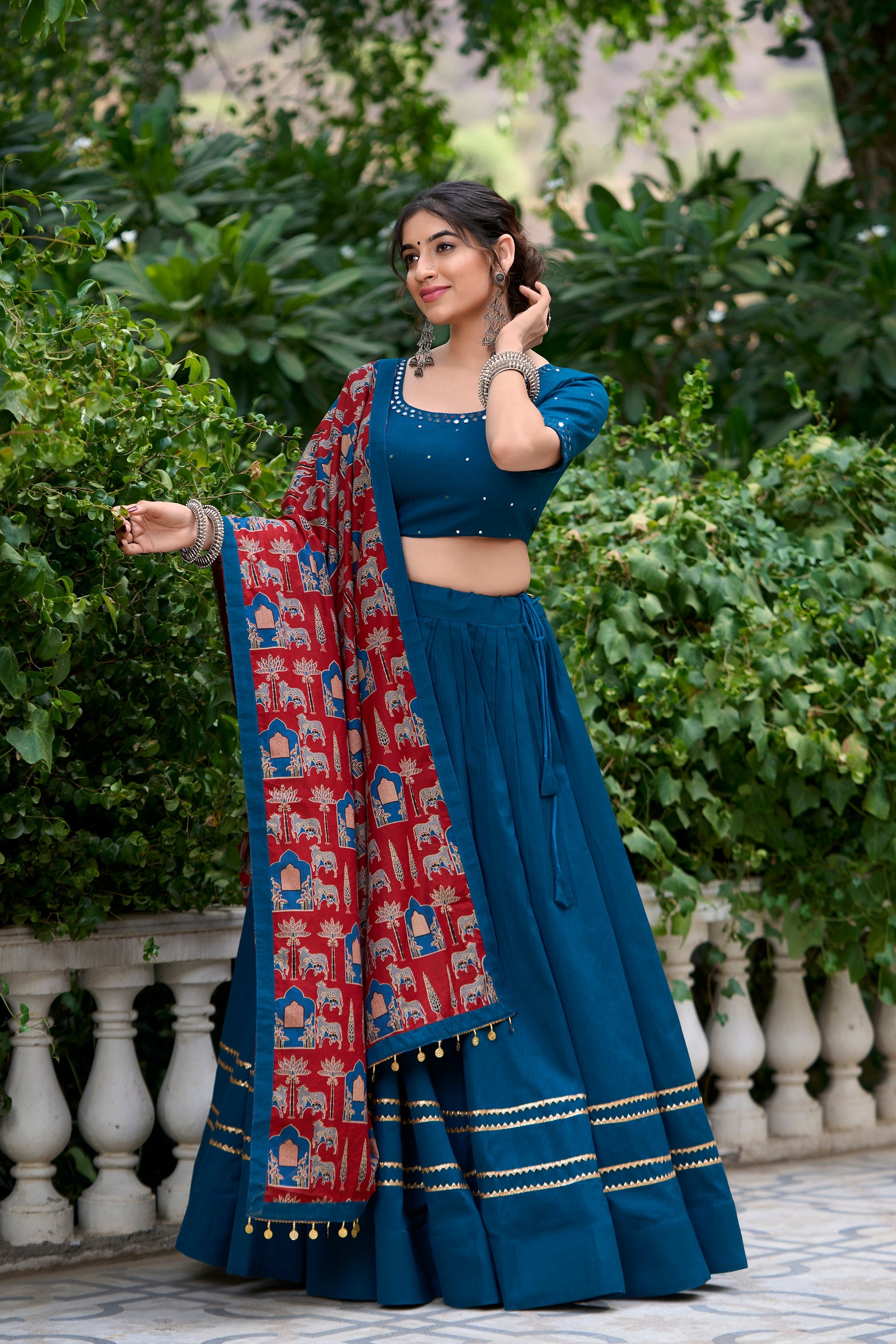 Lorenvalley Firozi Pure Cotton Plain With Gota Patti Touch Up Lehenga Choli | Swadesiicart