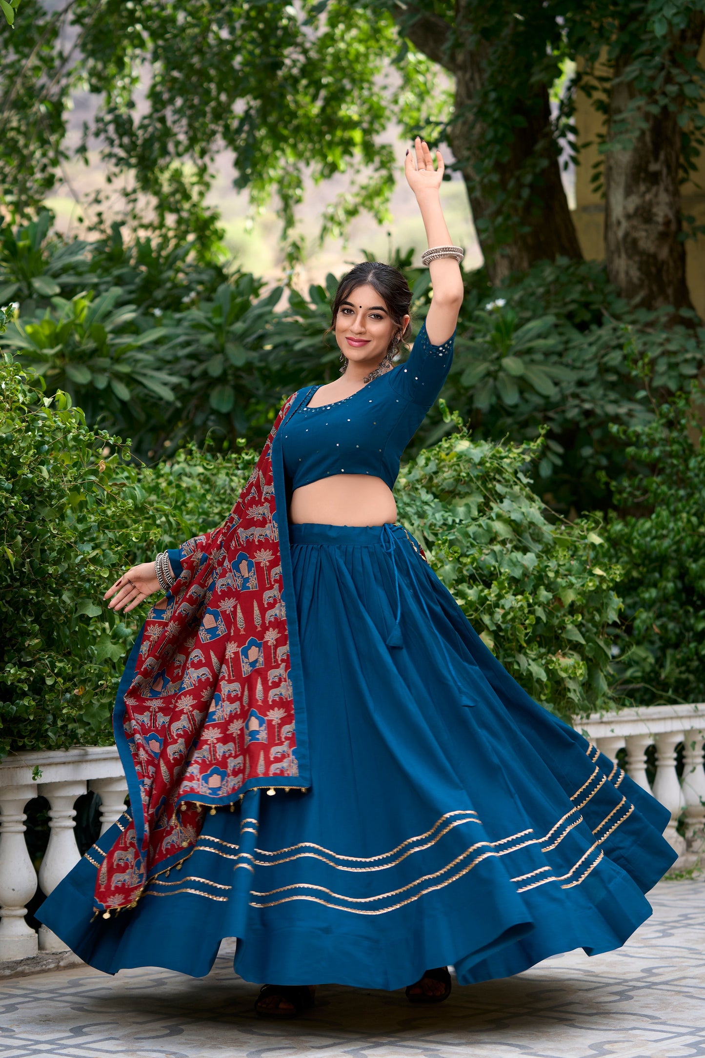 Lorenvalley Firozi Pure Cotton Plain With Gota Patti Touch Up Lehenga Choli | Swadesiicart