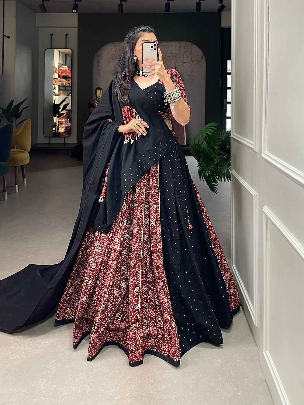 Lorenvalley Pure Cotton Printed And Over All Mirror Work With Gotta Patti Touchup Lehenga Choli with Dupatta | Swadesiicart
