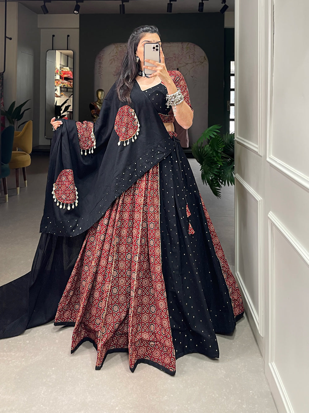 Lorenvalley Pure Cotton Printed And Over All Mirror Work With Gotta Patti Touchup Lehenga Choli with Dupatta | Swadesiicart