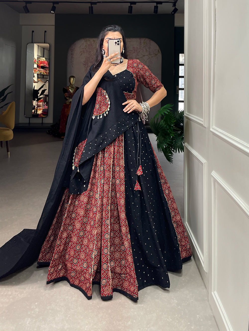Lorenvalley Pure Cotton Printed And Over All Mirror Work With Gotta Patti Touchup Lehenga Choli with Dupatta | Swadesiicart