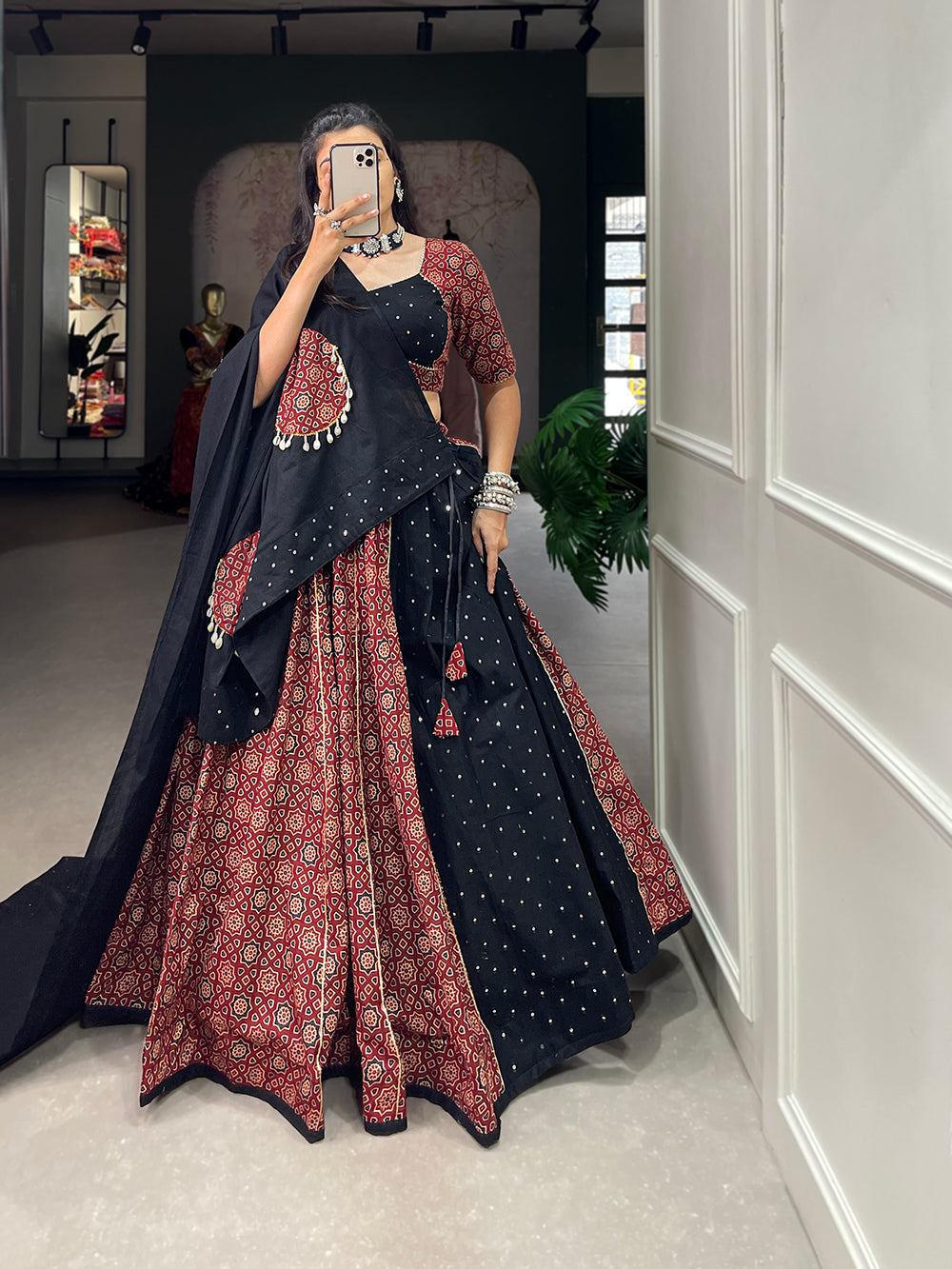 Lorenvalley Pure Cotton Printed And Over All Mirror Work With Gotta Patti Touchup Lehenga Choli with Dupatta | Swadesiicart