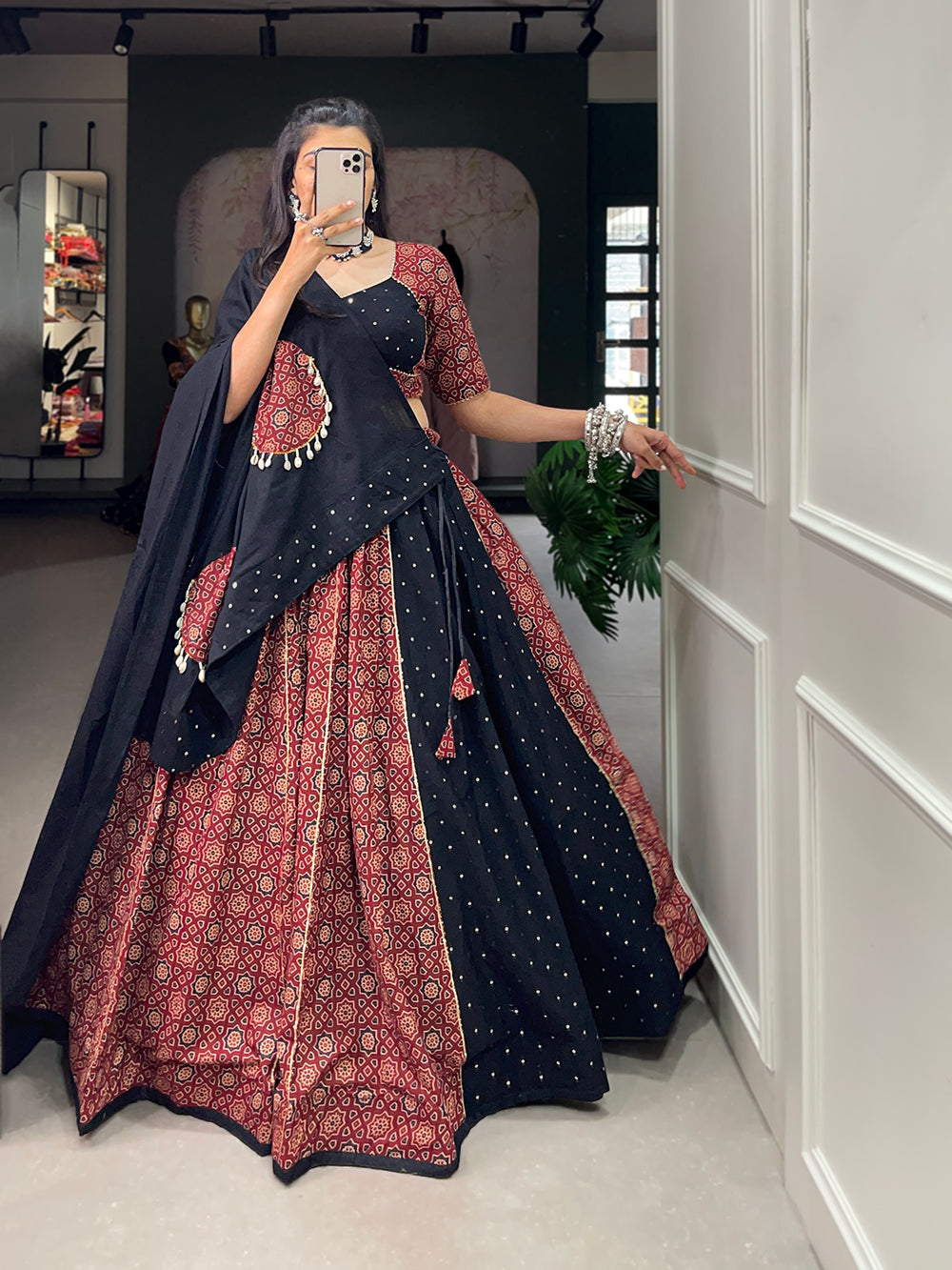Lorenvalley Pure Cotton Printed And Over All Mirror Work With Gotta Patti Touchup Lehenga Choli with Dupatta | Swadesiicart