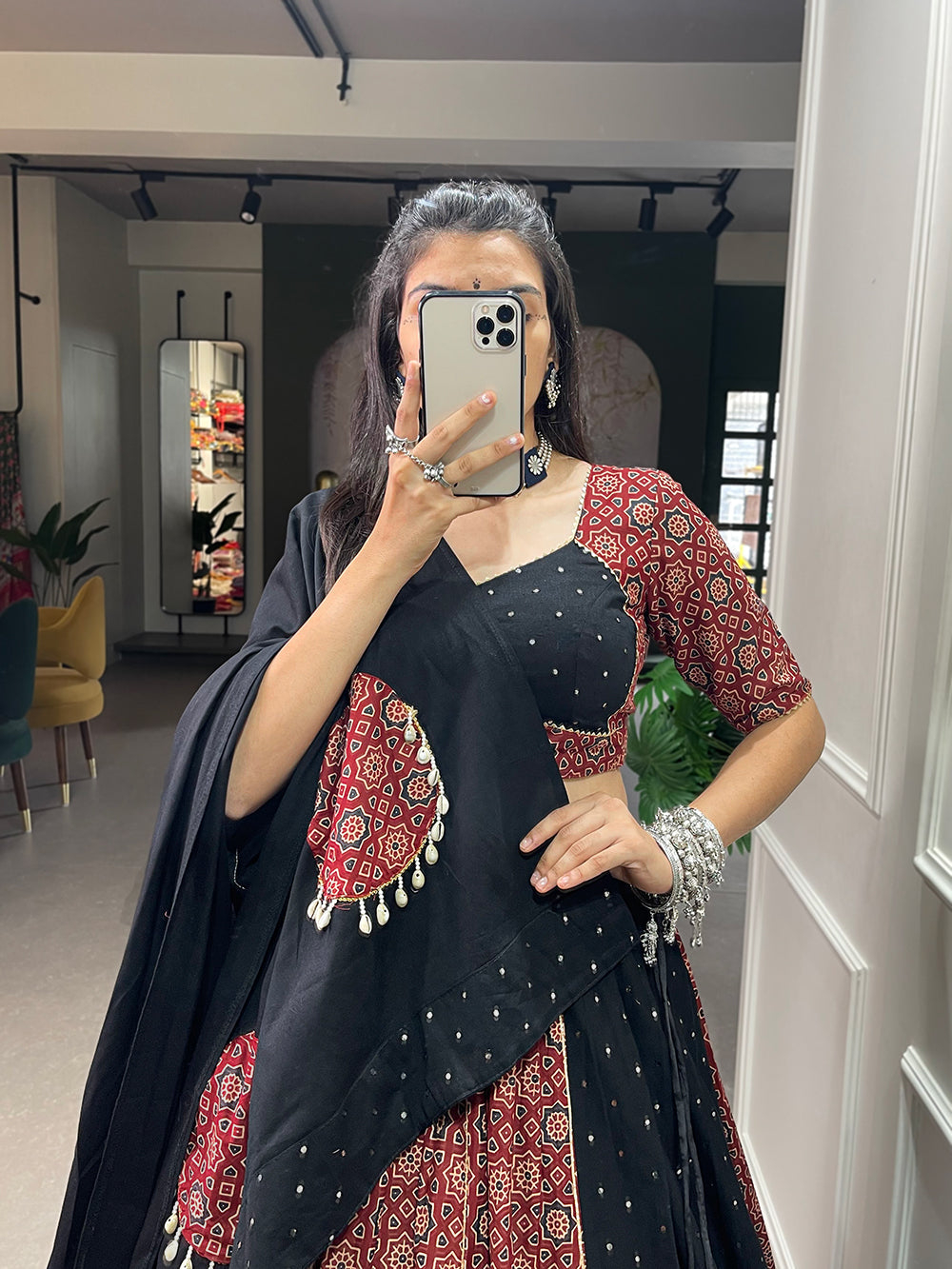 Lorenvalley Pure Cotton Printed And Over All Mirror Work With Gotta Patti Touchup Lehenga Choli with Dupatta | Swadesiicart