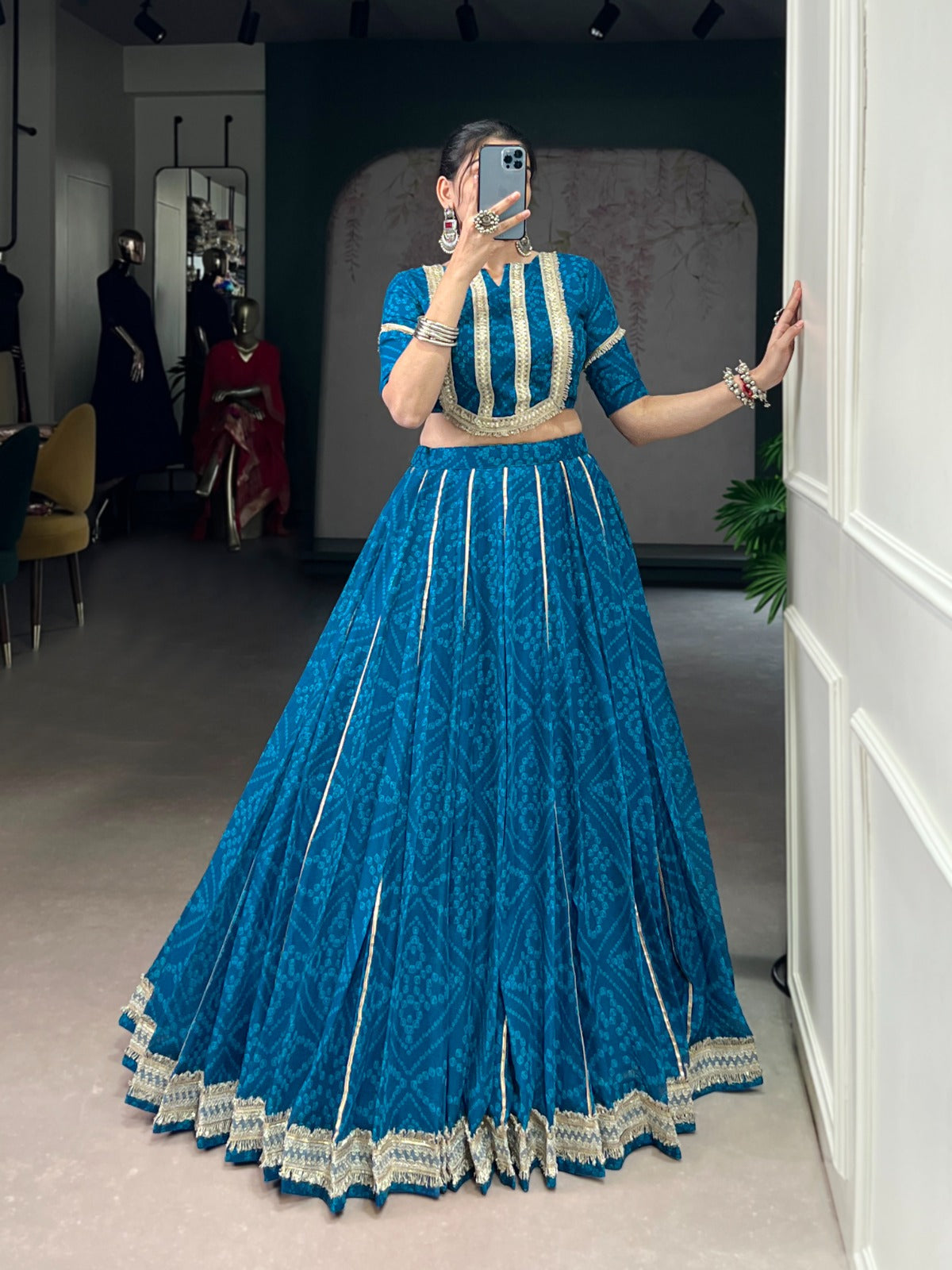 Lorenvalley Fashion Firozi Chiffon Bandhej Print with Sequins and Gotta Patti Lace Touch Up Lehenga Choli - Swadesiicart