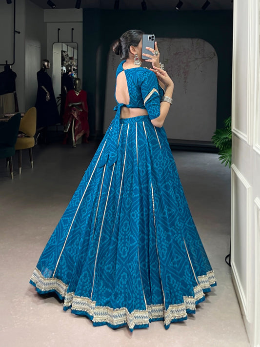 Lorenvalley Fashion Firozi Chiffon Bandhej Print with Sequins and Gotta Patti Lace Touch Up Lehenga Choli - Swadesiicart