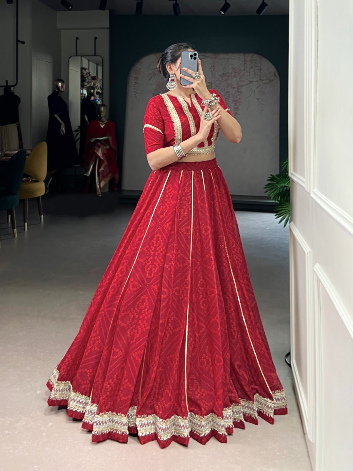 Lorenvalley Fashion Red Chiffon Bandhej Print with Sequins and Gotta Patti Lace Touch Up Lehenga Choli | Swadesiicart