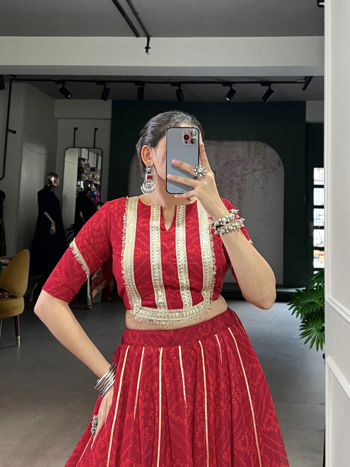 Lorenvalley Fashion Red Chiffon Bandhej Print with Sequins and Gotta Patti Lace Touch Up Lehenga Choli | Swadesiicart