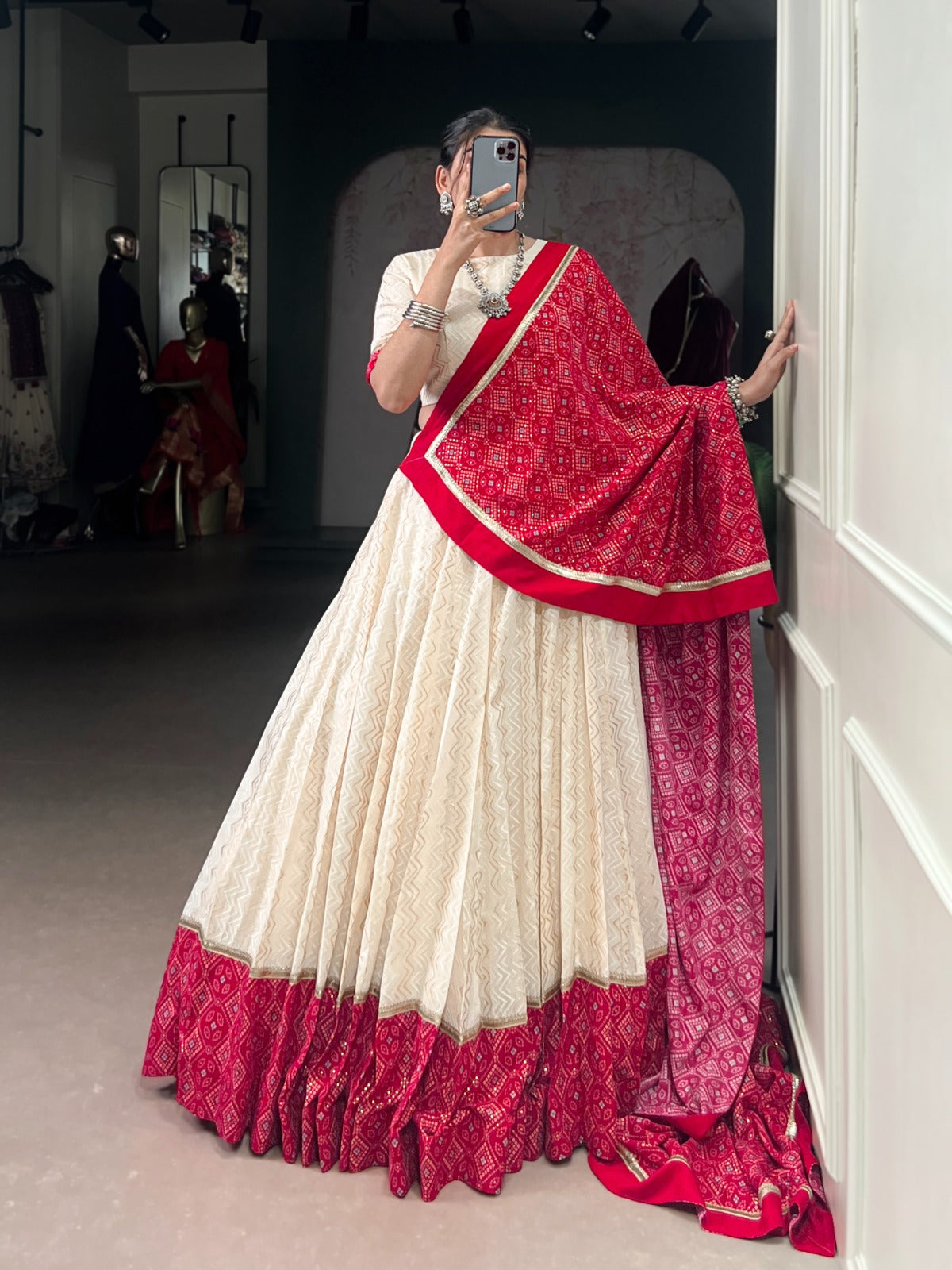 Lorenvalley Fashion Offwhite Cotton Zigzag and Bandhej Print With Sequins Lace Touch Up Lehenga Choli with Dupatta - Swadesiicart