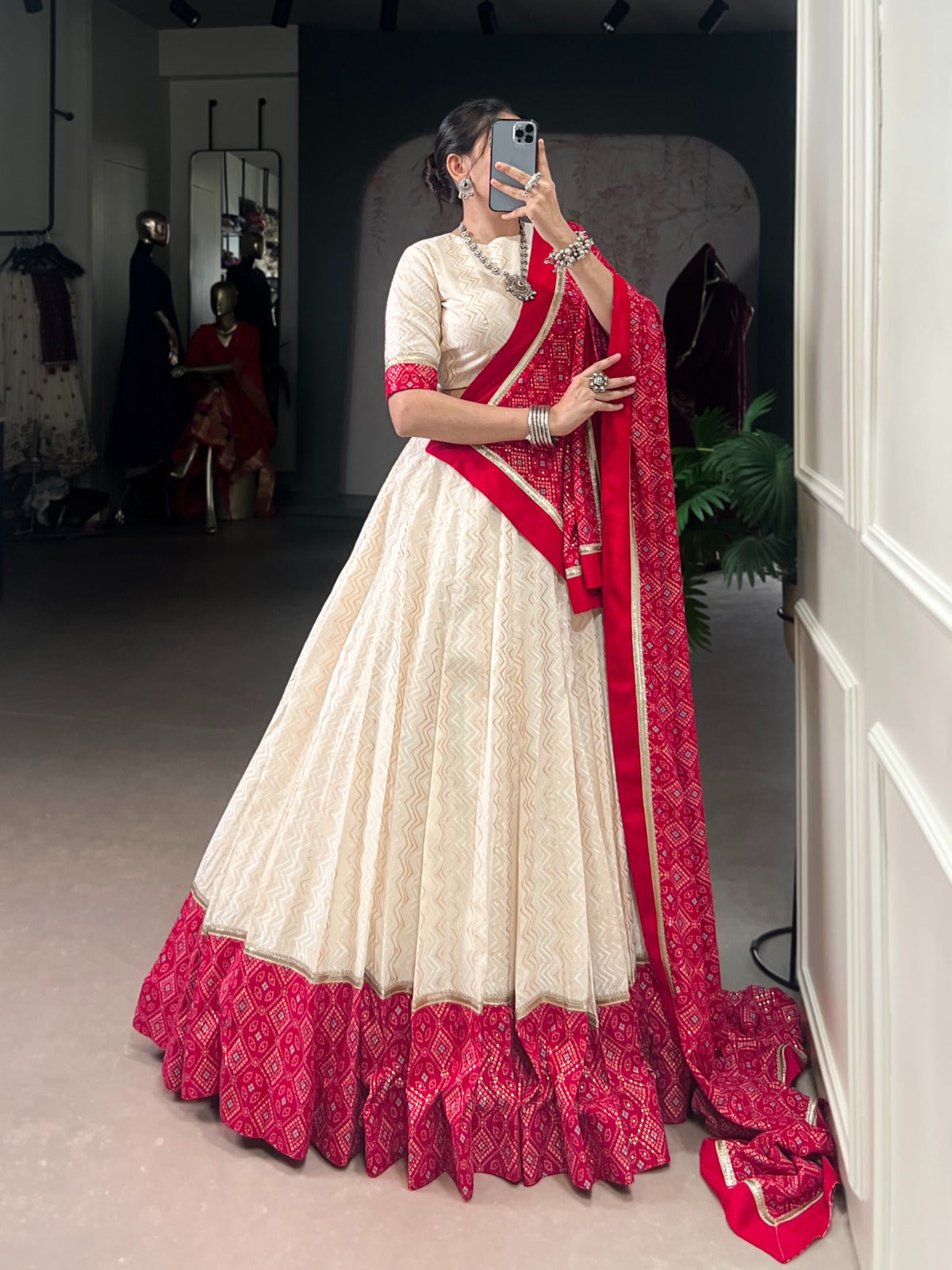 Lorenvalley Fashion Offwhite Cotton Zigzag and Bandhej Print With Sequins Lace Touch Up Lehenga Choli with Dupatta - Swadesiicart