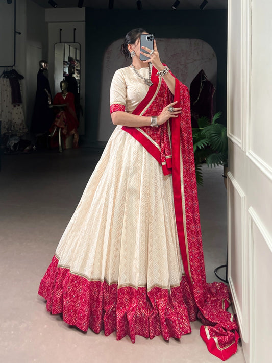 Lorenvalley Fashion Offwhite Cotton Zigzag and Bandhej Print With Sequins Lace Touch Up Lehenga Choli with Dupatta - Swadesiicart