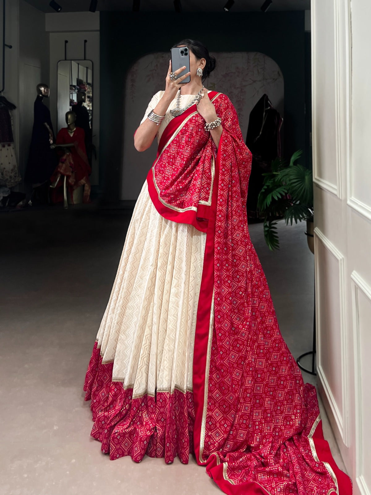 Lorenvalley Fashion Offwhite Cotton Zigzag and Bandhej Print With Sequins Lace Touch Up Lehenga Choli with Dupatta - Swadesiicart