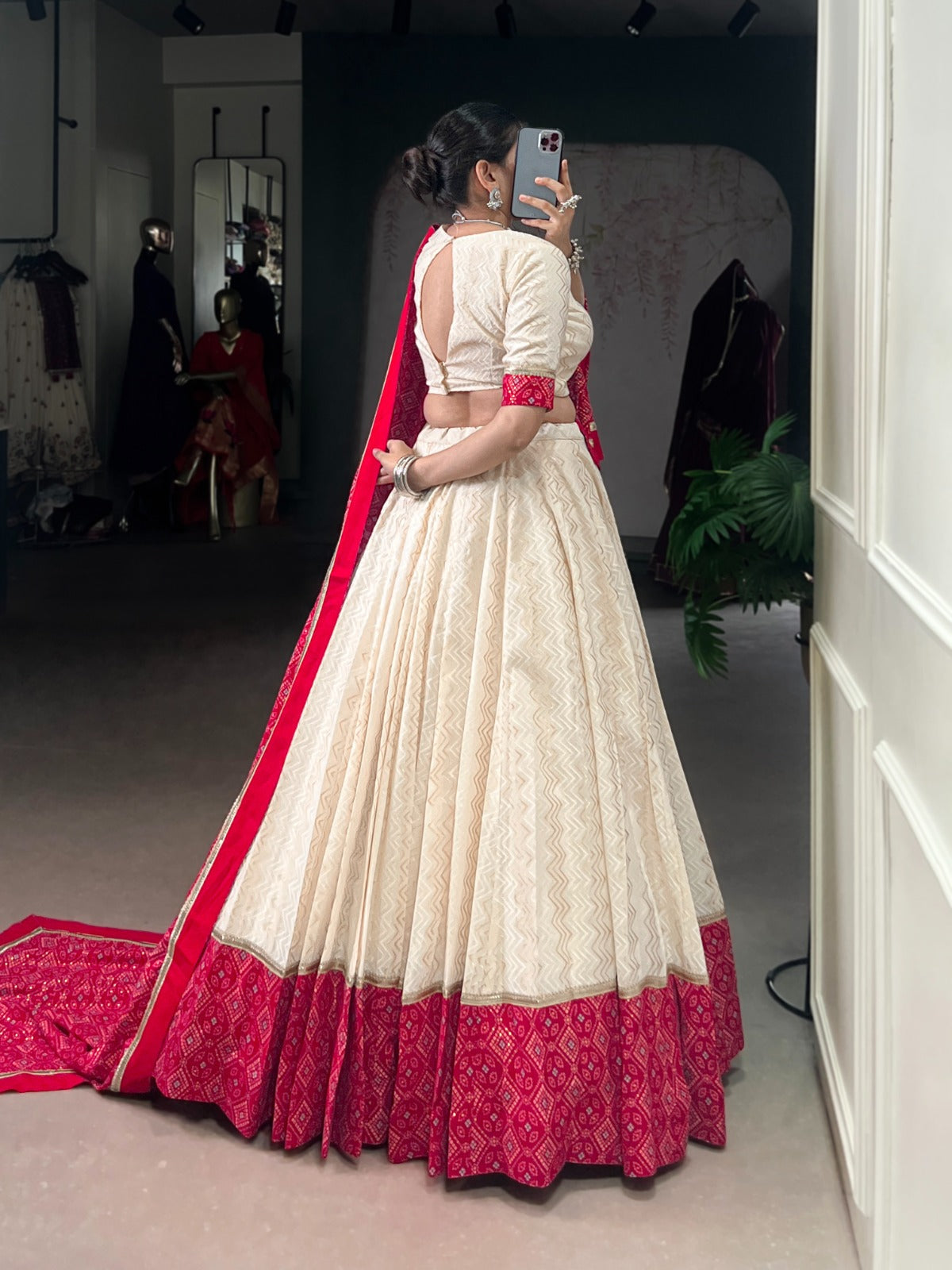 Lorenvalley Fashion Offwhite Cotton Zigzag and Bandhej Print With Sequins Lace Touch Up Lehenga Choli with Dupatta - Swadesiicart