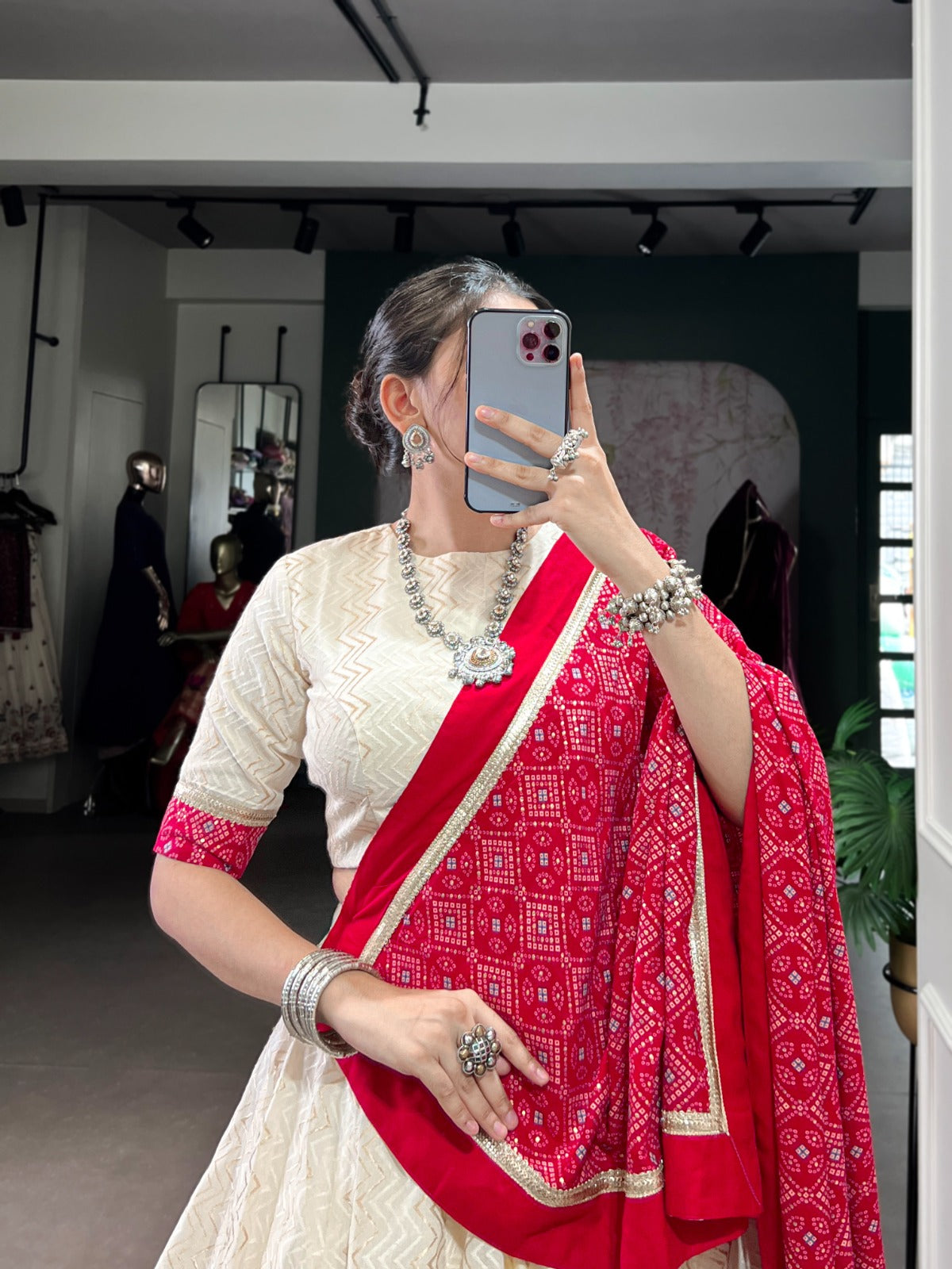 Lorenvalley Fashion Offwhite Cotton Zigzag and Bandhej Print With Sequins Lace Touch Up Lehenga Choli with Dupatta - Swadesiicart